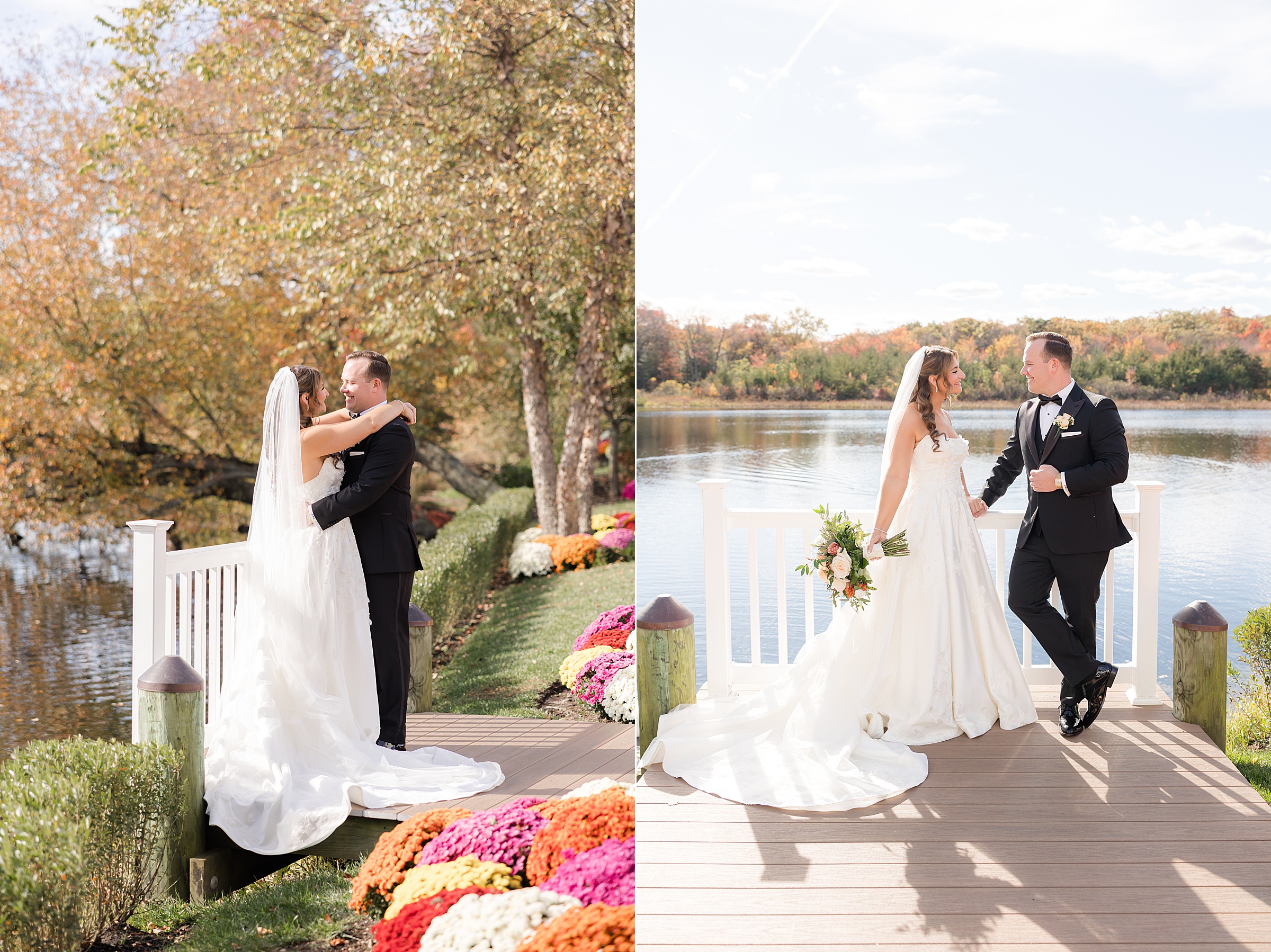 Bride and groom sharing a romantic embrace and walking hand in hand on a dock by the lake, surrounded by colorful autumn flowers and soft sunlight.