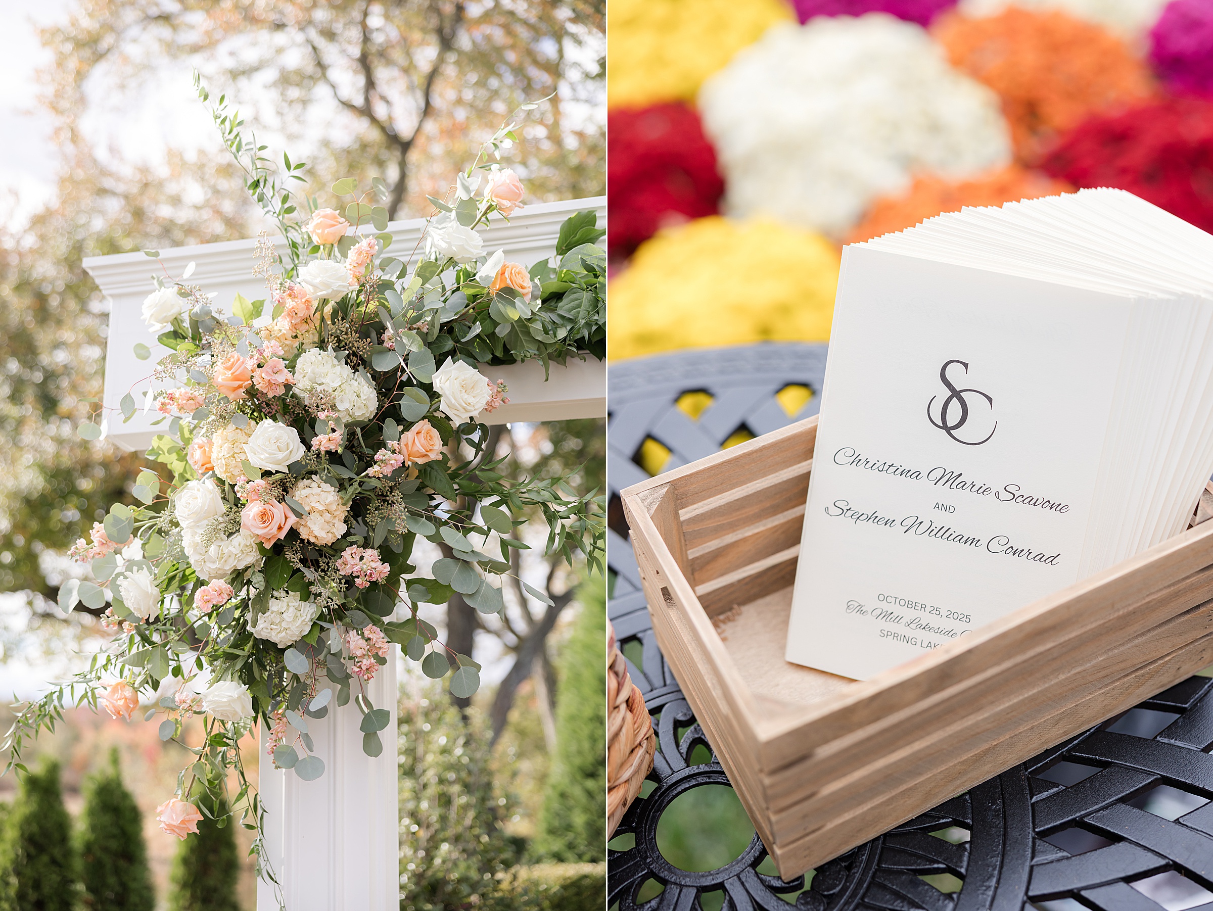 Elegant floral arrangement of soft peach and white blooms with greenery adorning a ceremony arch; alongside, a wooden box holding wedding programs printed with the couple’s names and date.
