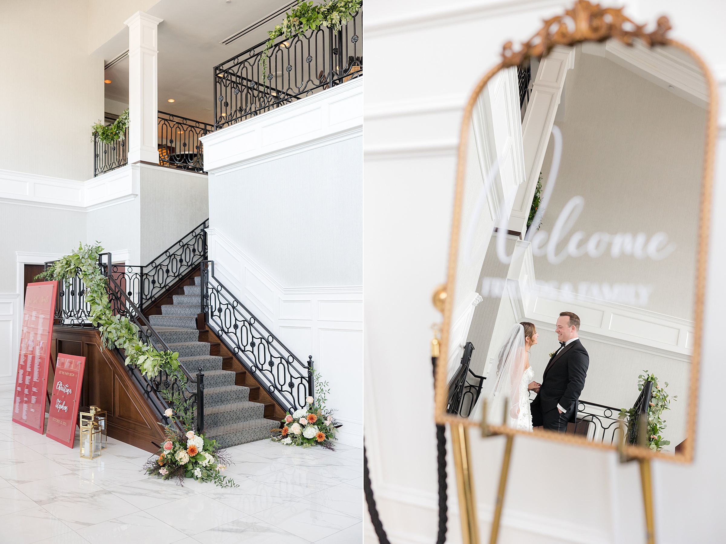 Wedding venue staircase decorated with greenery and florals, reflected in a mirror with the couple.