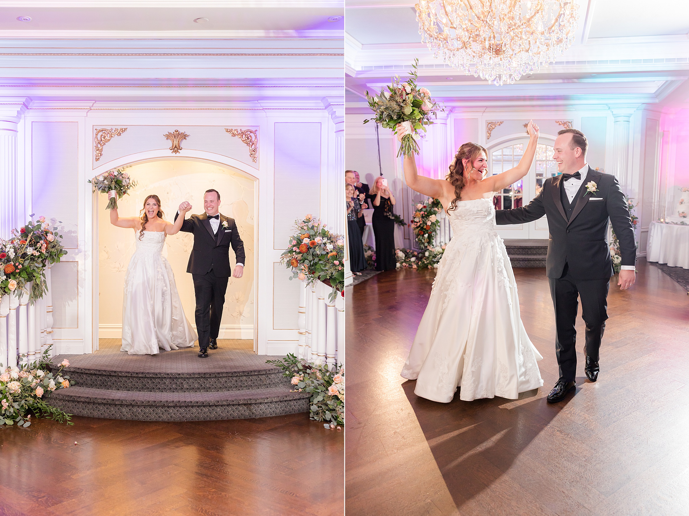 Newlyweds making an energetic entrance into the reception space.