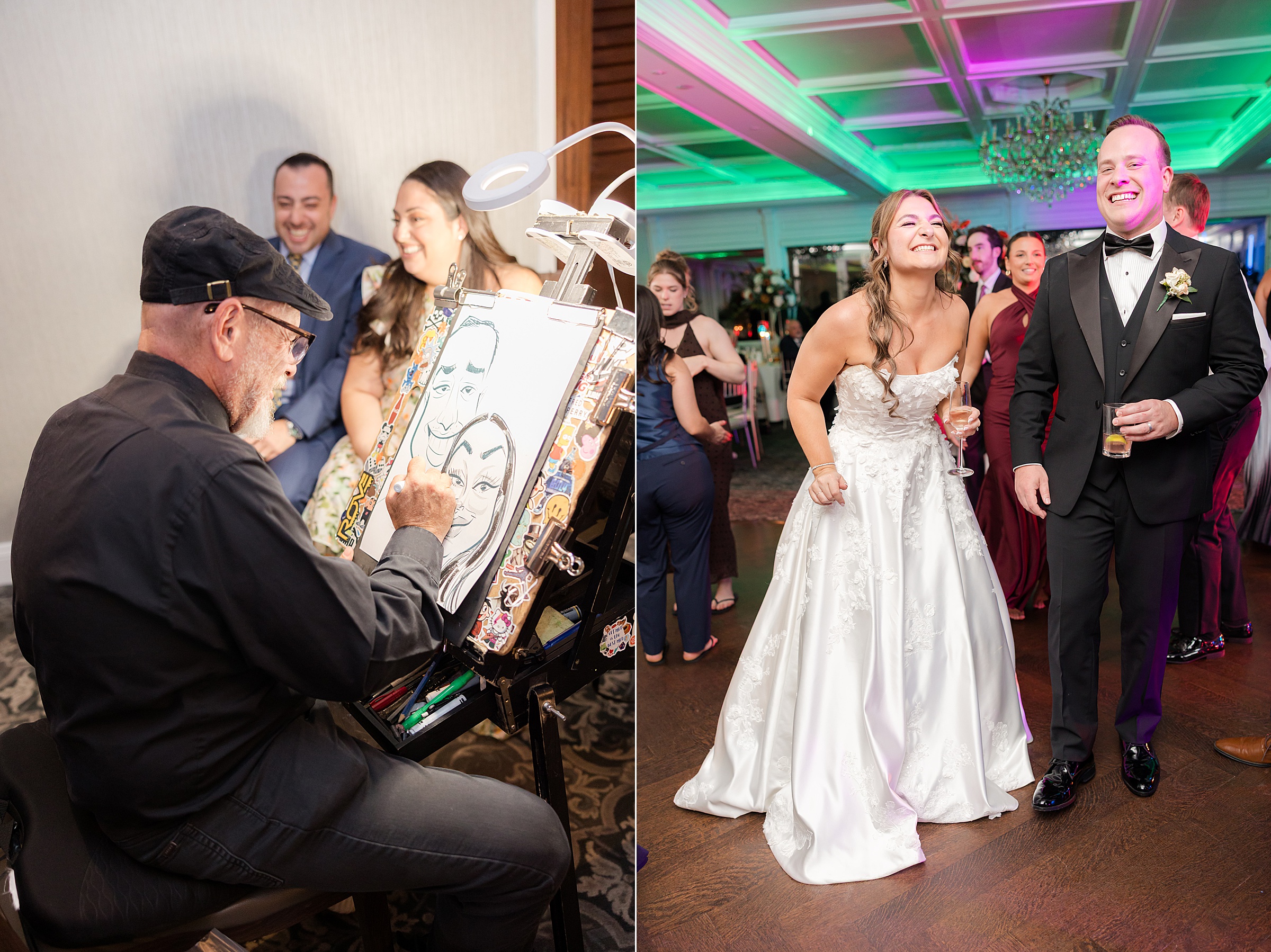 Caricature artist sketching guests while the couple dances nearby.