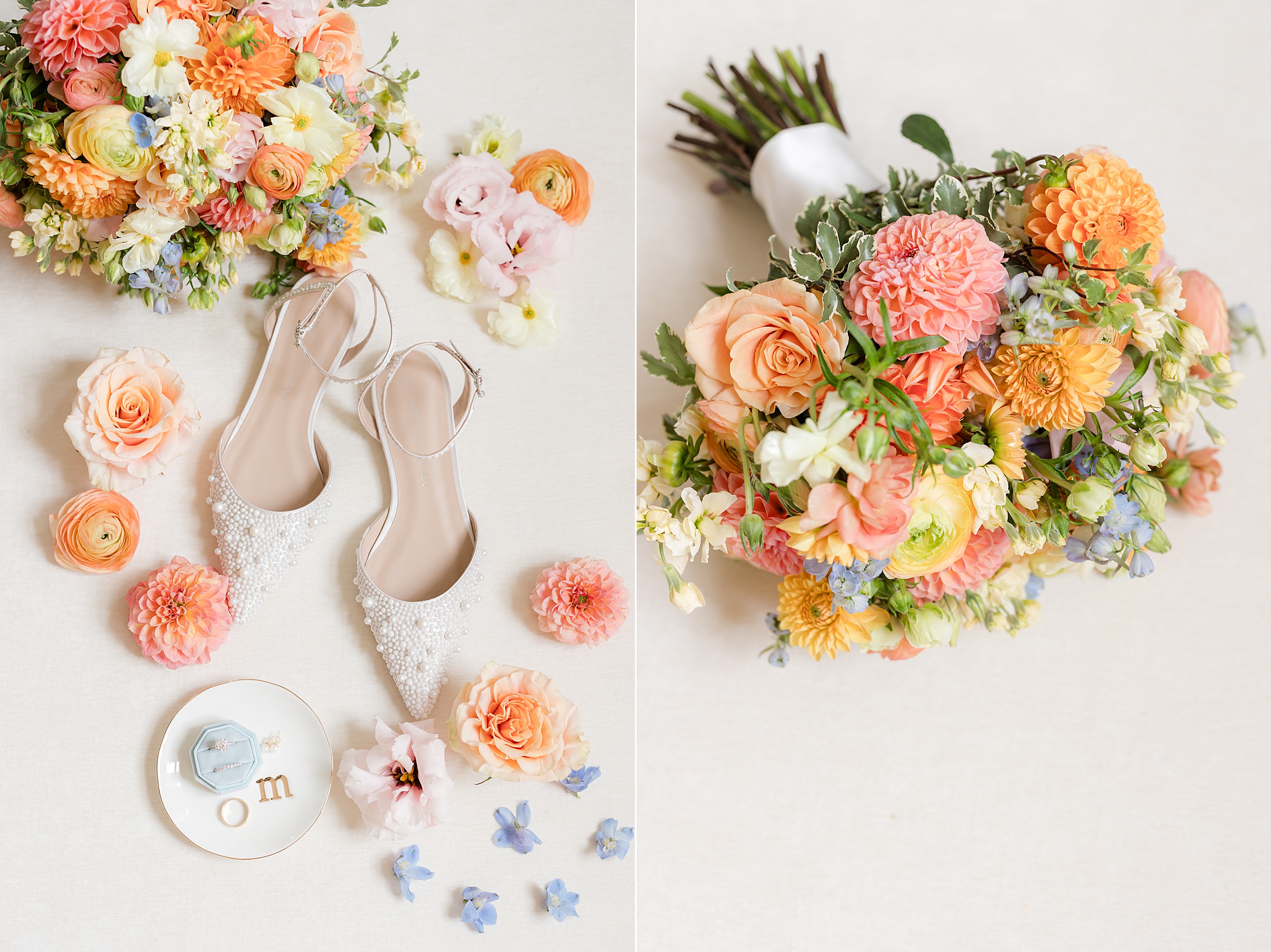 Bridal shoes, bouquet, and paper goods arranged in soft, romantic tones.