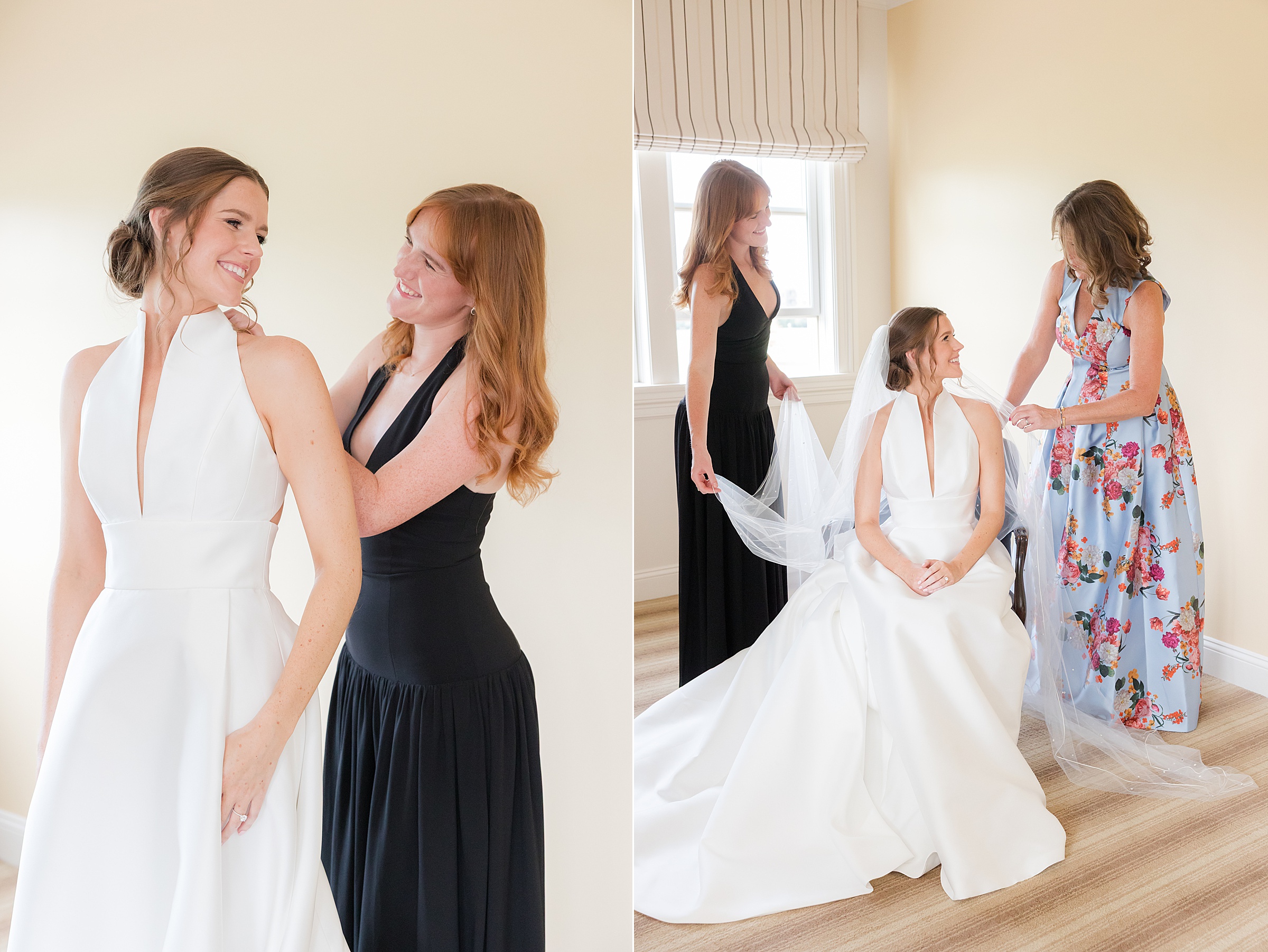 Bride sits gracefully while loved ones help with final touches, surrounded by care and celebration.