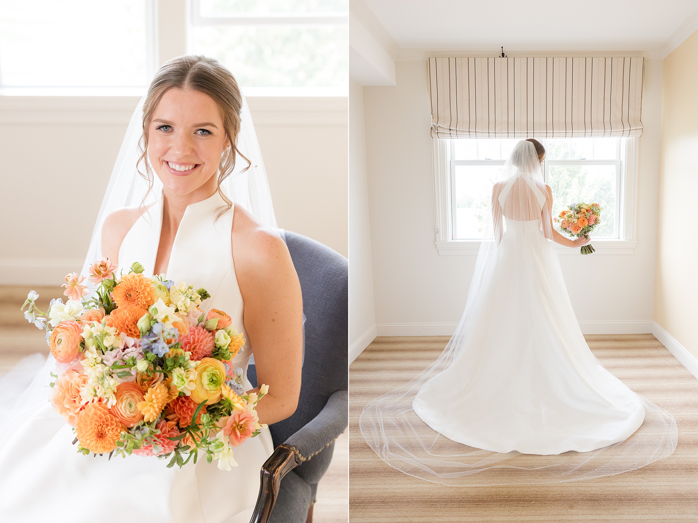 Bride stands by a window, her gown and veil flowing behind her, captured in a peaceful, reflective moment.