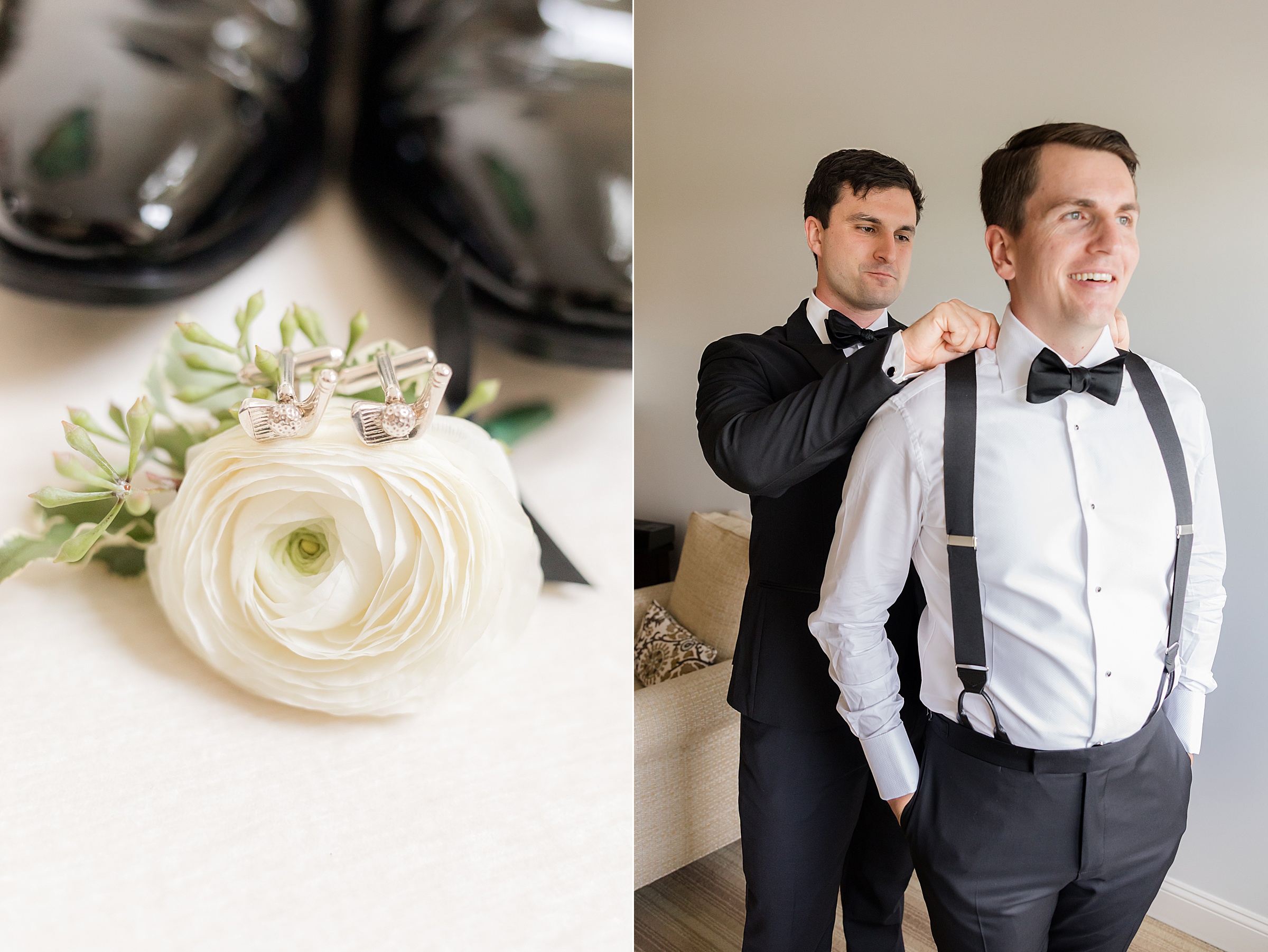 Groom shares a quiet, meaningful moment as his groomsman helps him get ready, anticipation and friendship filling the room.