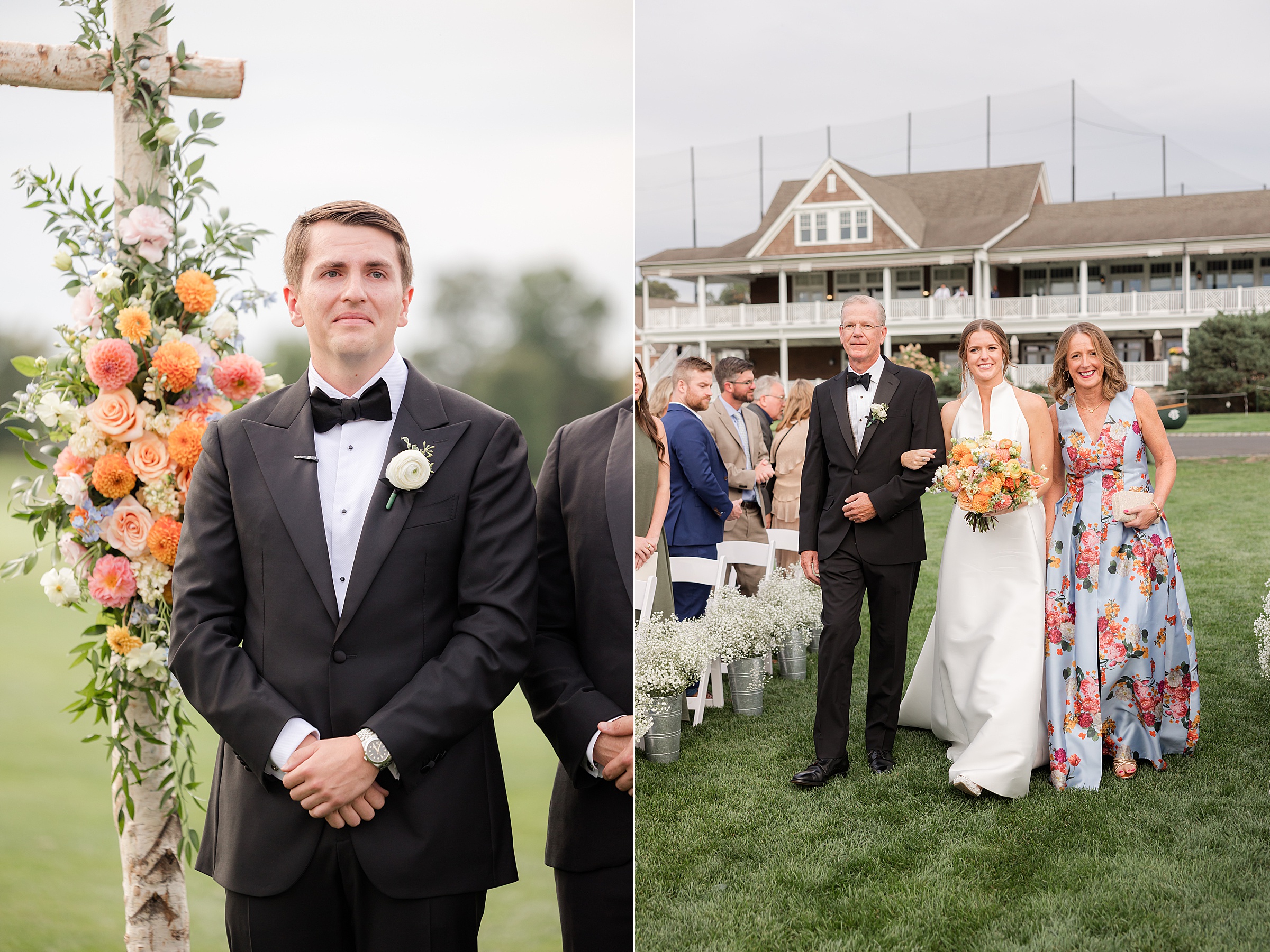 Groom stands beneath a floral arch, composed yet emotional, waiting for the moment he sees his bride.