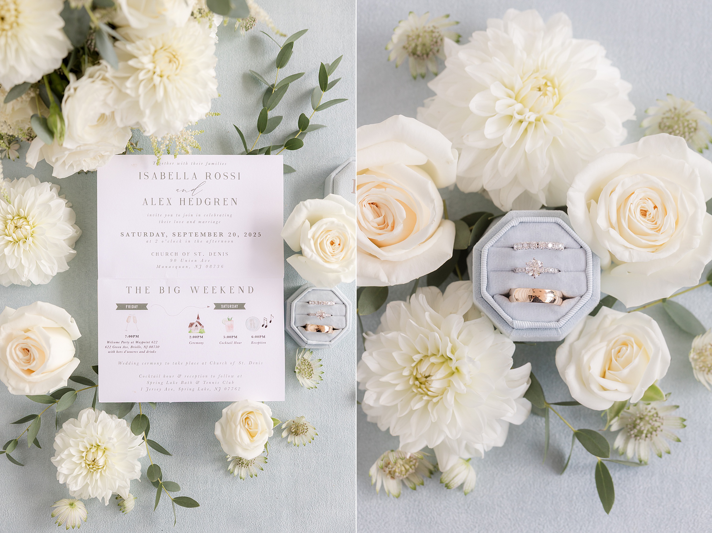 Wedding invitation suite with rings displayed in a box, surrounded by white flowers on a soft blue background.