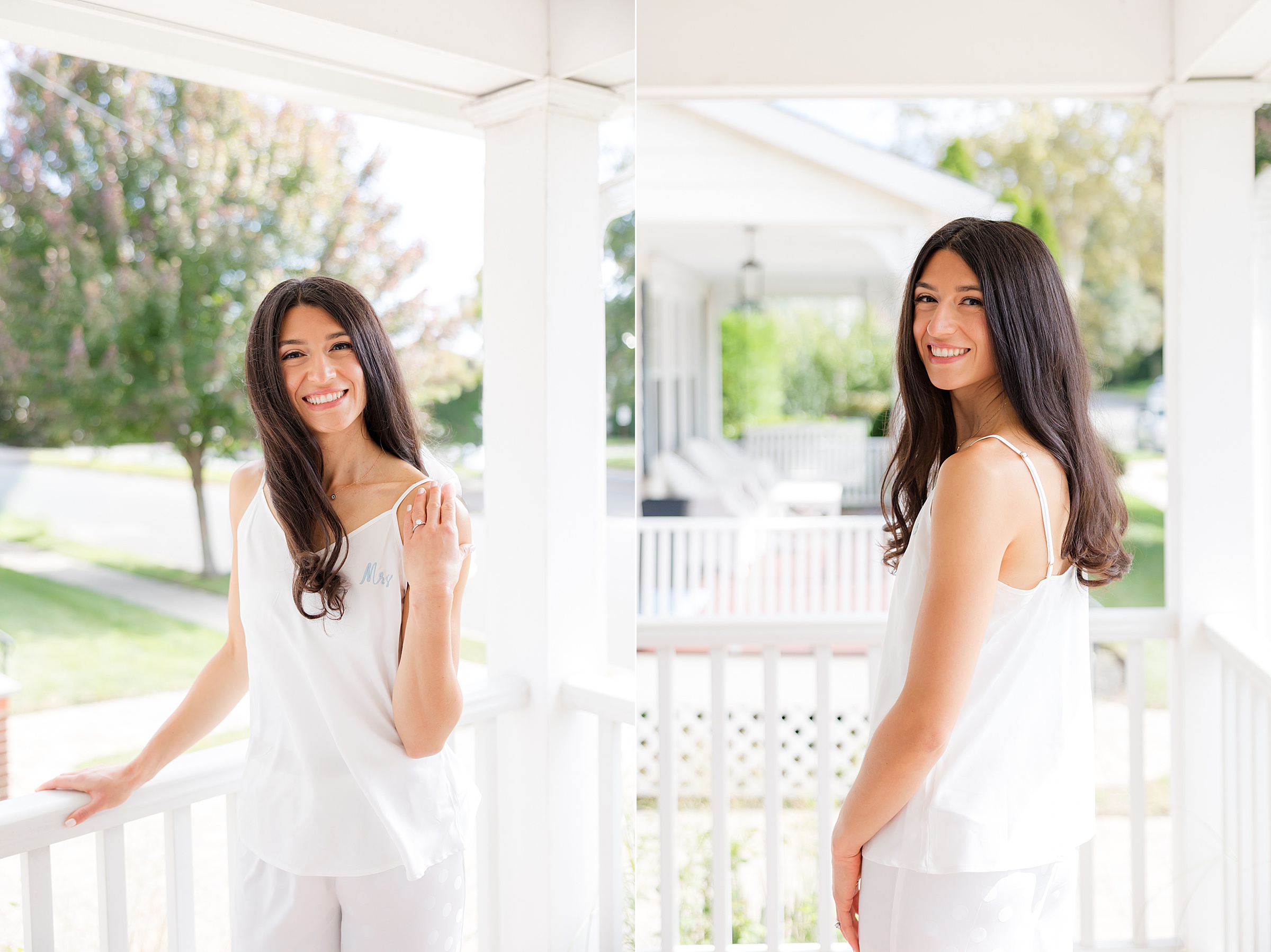 Smiling bride in a white camisole and matching set standing on a sunlit porch, shown in two angles with greenery in the background.