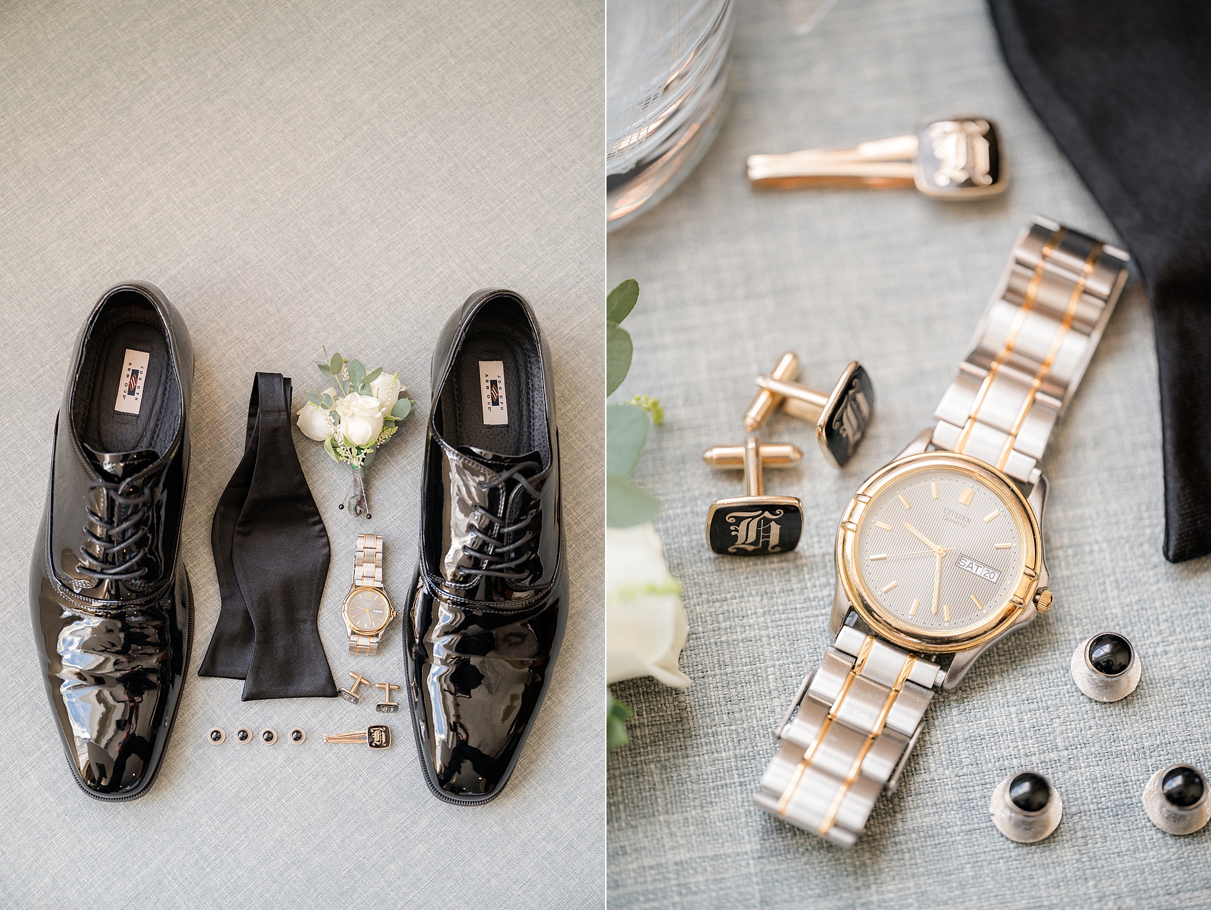 Groom's polished shoes, a classic watch, and thoughtful details are arranged together, each piece part of a day filled with meaning.