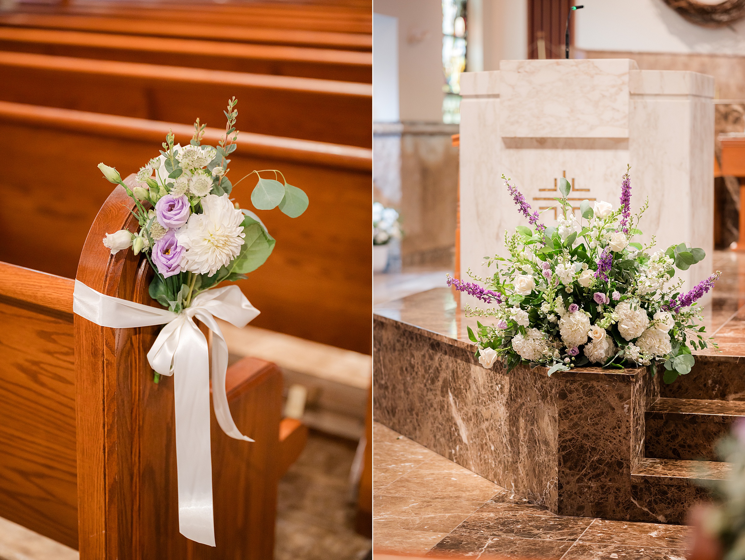 Soft white and lavender blooms rest along the aisle and altar, adding gentle romance to the sacred space where vows will be spoken.