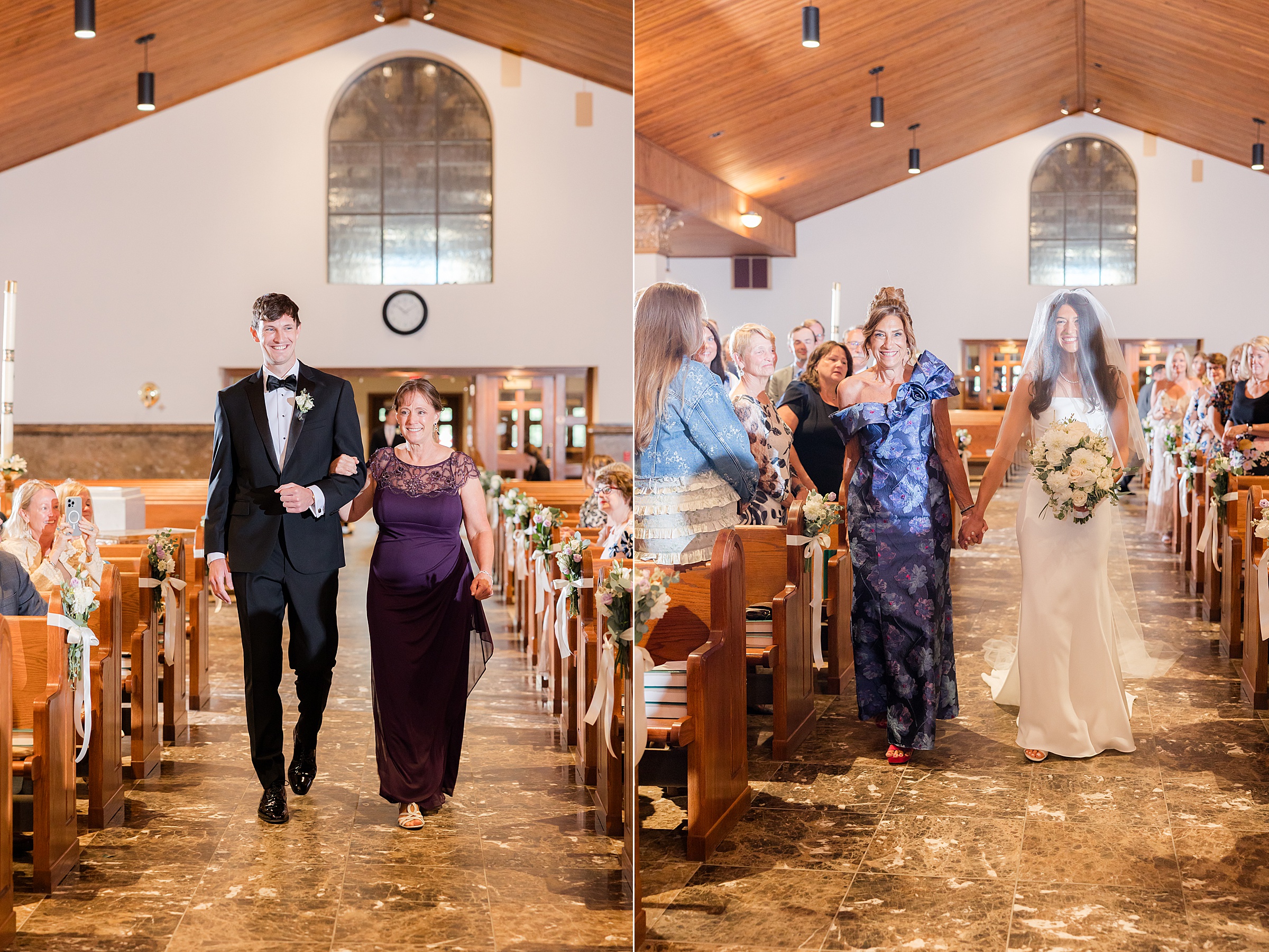 Groom walks down the aisle with his mother while, in a matching moment, the bride is escorted by her mother, both surrounded by loved ones as they make their way toward each other to begin their life together.
