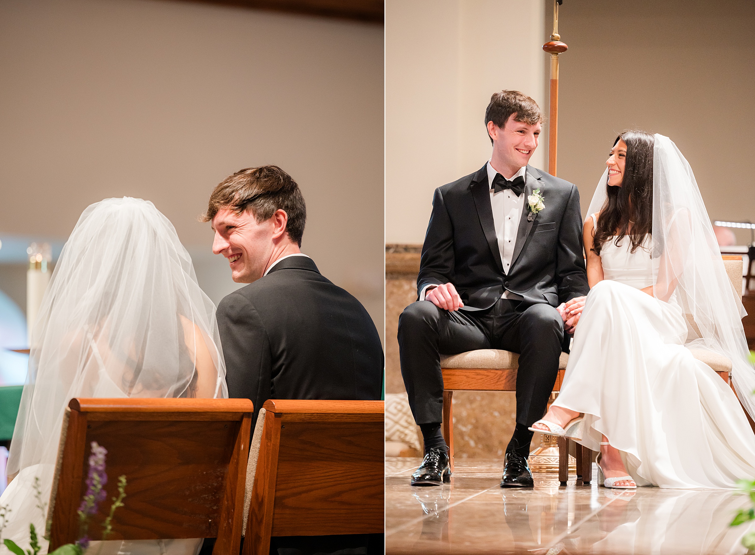 Bride and groom exchange tender glances, wrapped in a peaceful moment of love during their wedding ceremony.