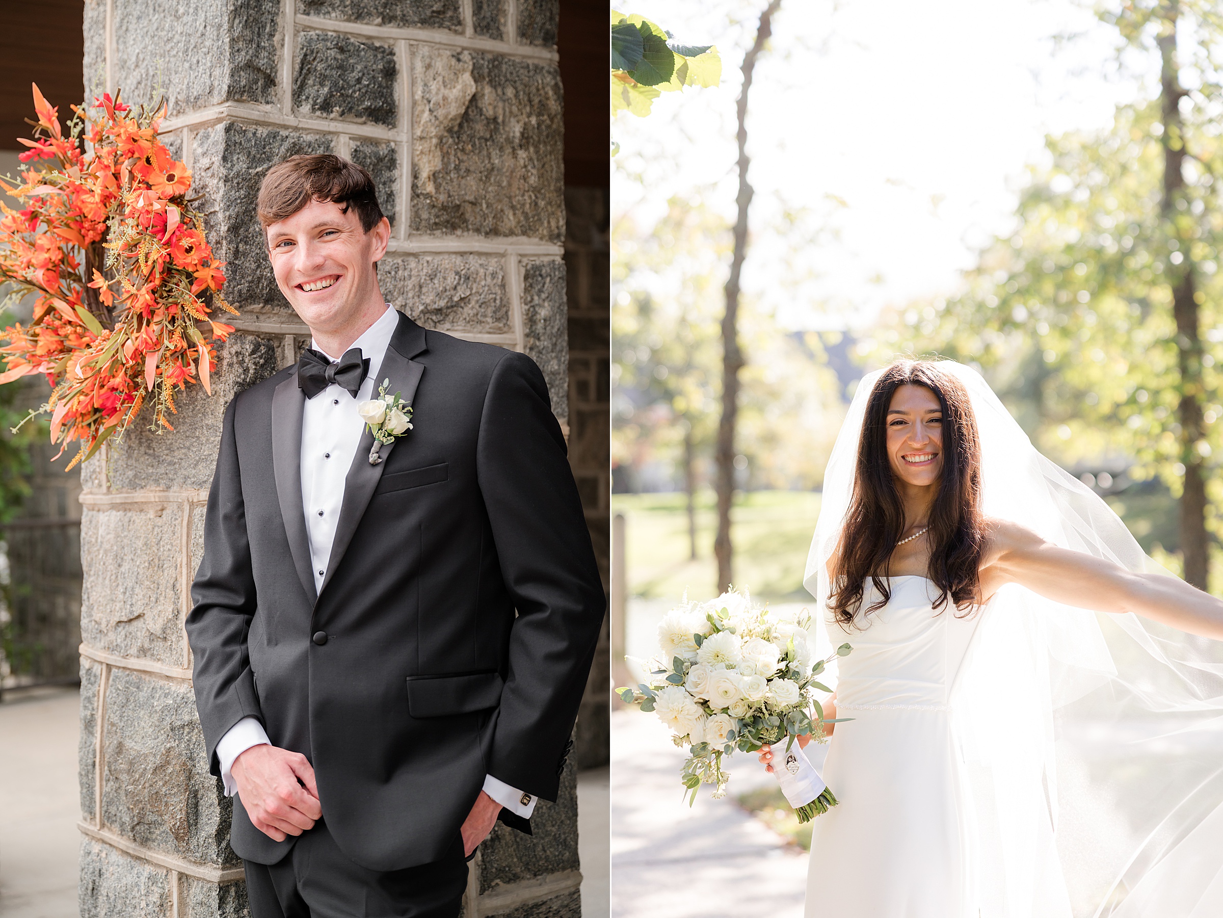 Groom stands with a warm, confident smile while the bride glows with joy, holding her bouquet as her veil catches the light