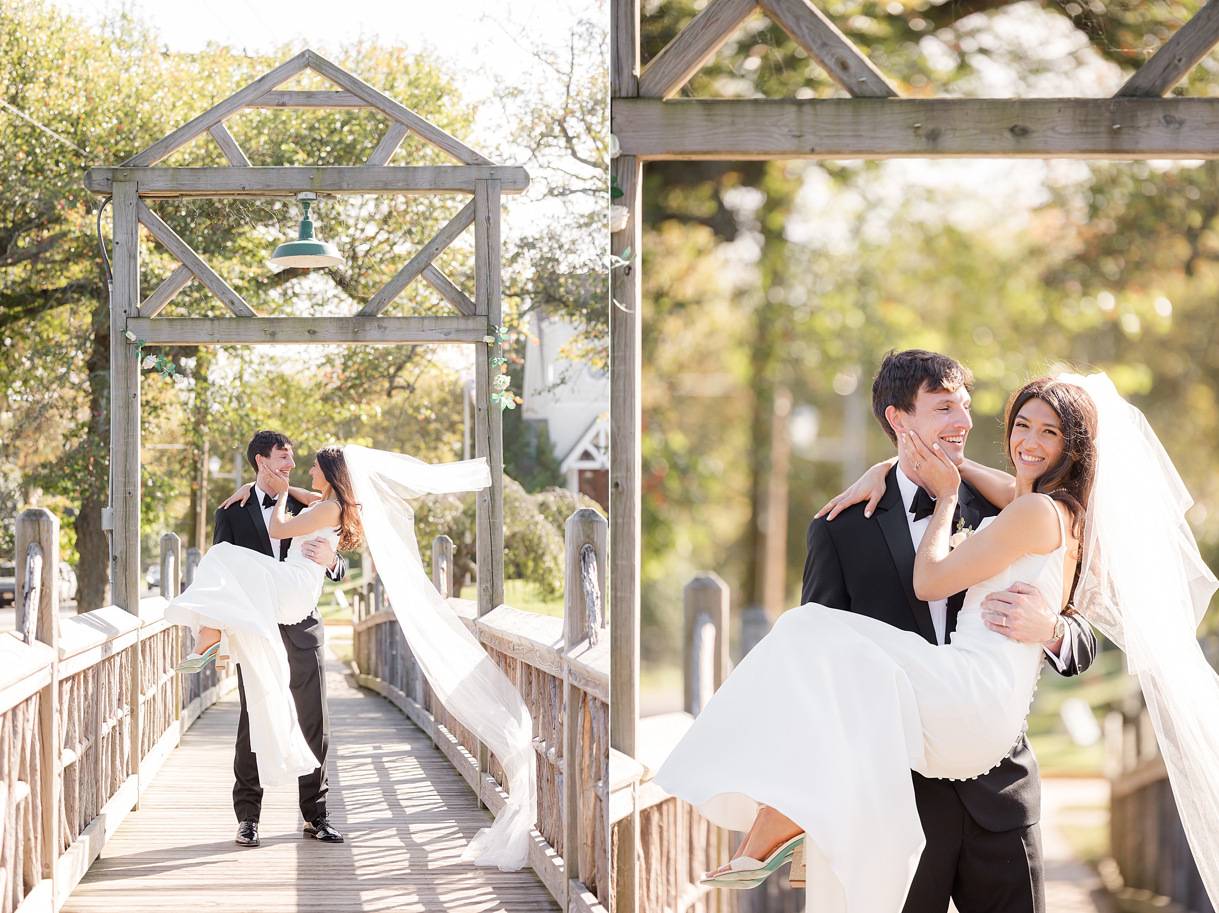 Groom lifts his bride with a joyful smile, her veil drifting behind them as they share a playful, romantic moment.