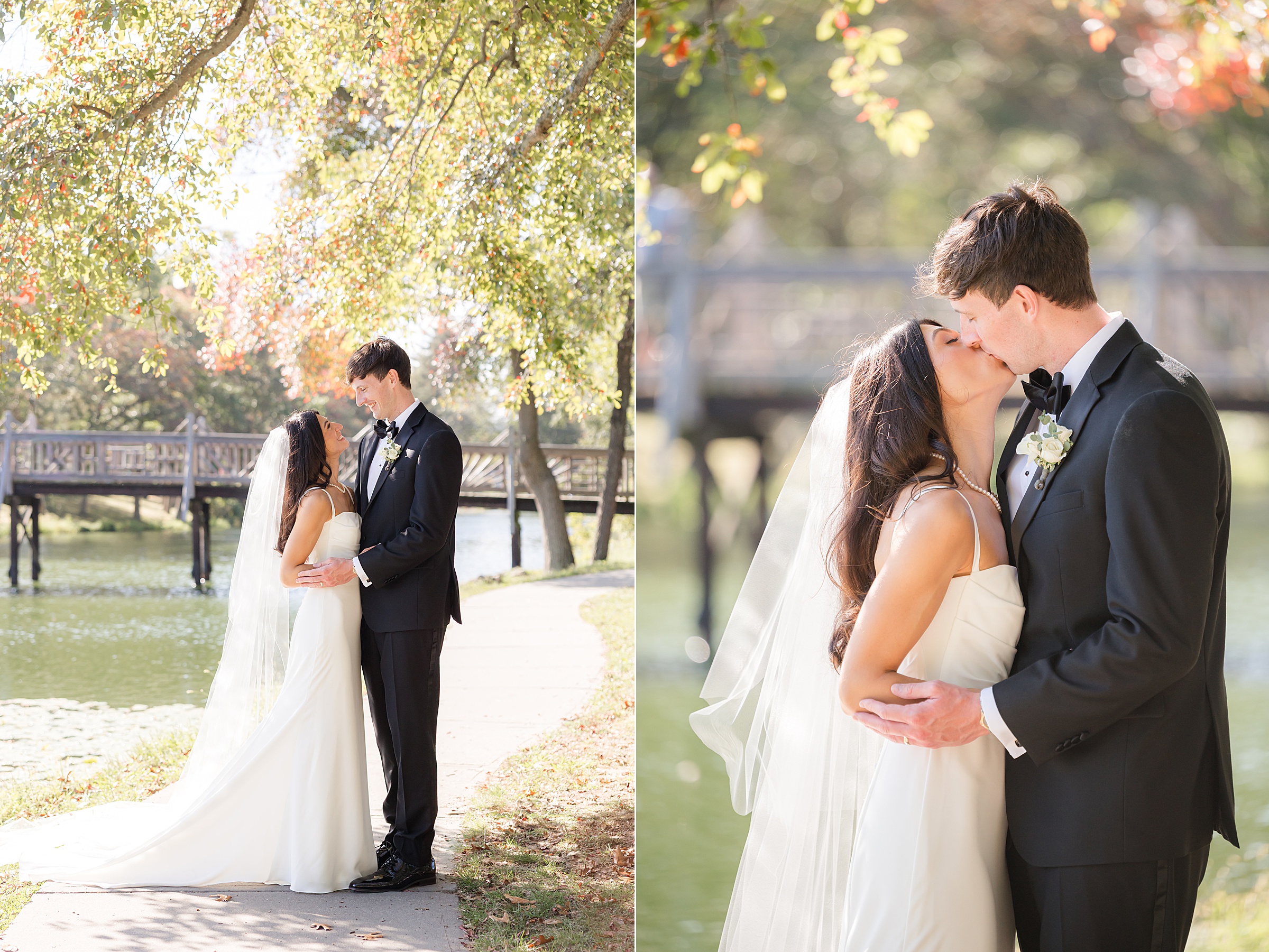 Bride and groom kiss softly by the lakeside, their embrace calm, romantic, and full of quiet devotion.