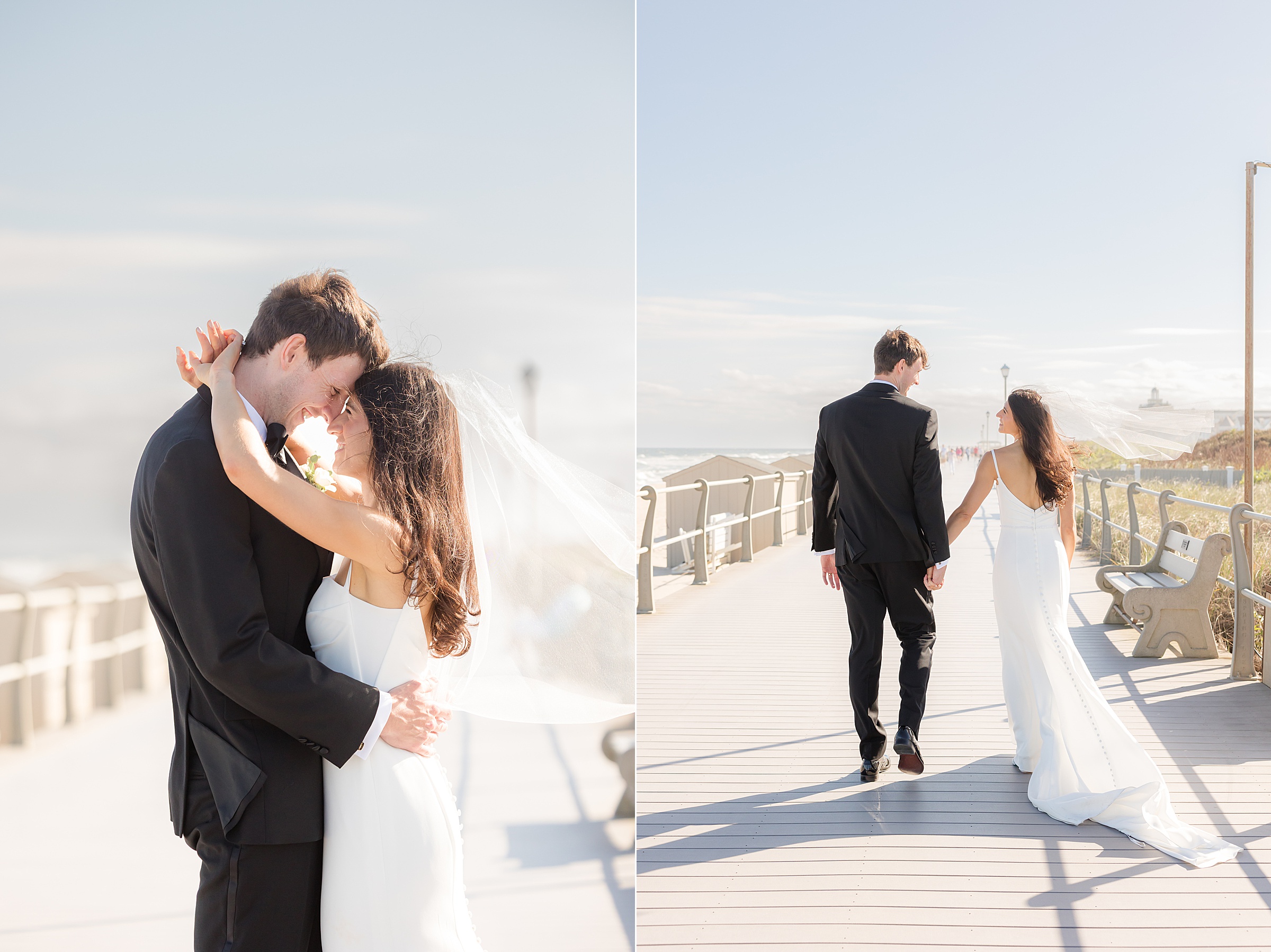 Bride and groom share a tender embrace and quiet kiss on a sunlit boardwalk, then walk together toward the horizon, her veil trailing softly in the ocean breeze.
