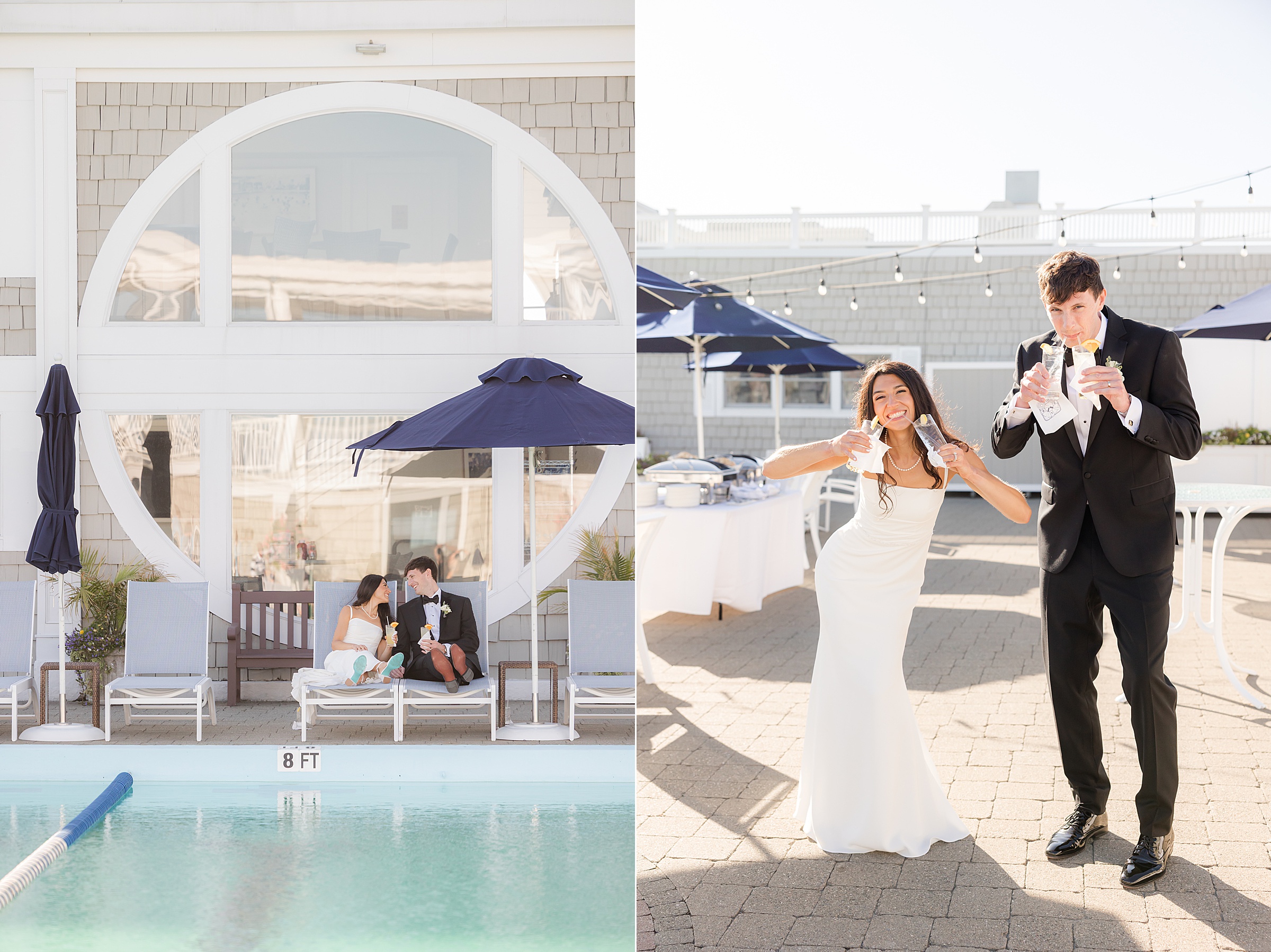 Bride and groom relax together by a sunlit pool, then laugh and celebrate with drinks in hand, sharing playful, joyful moments on their wedding day