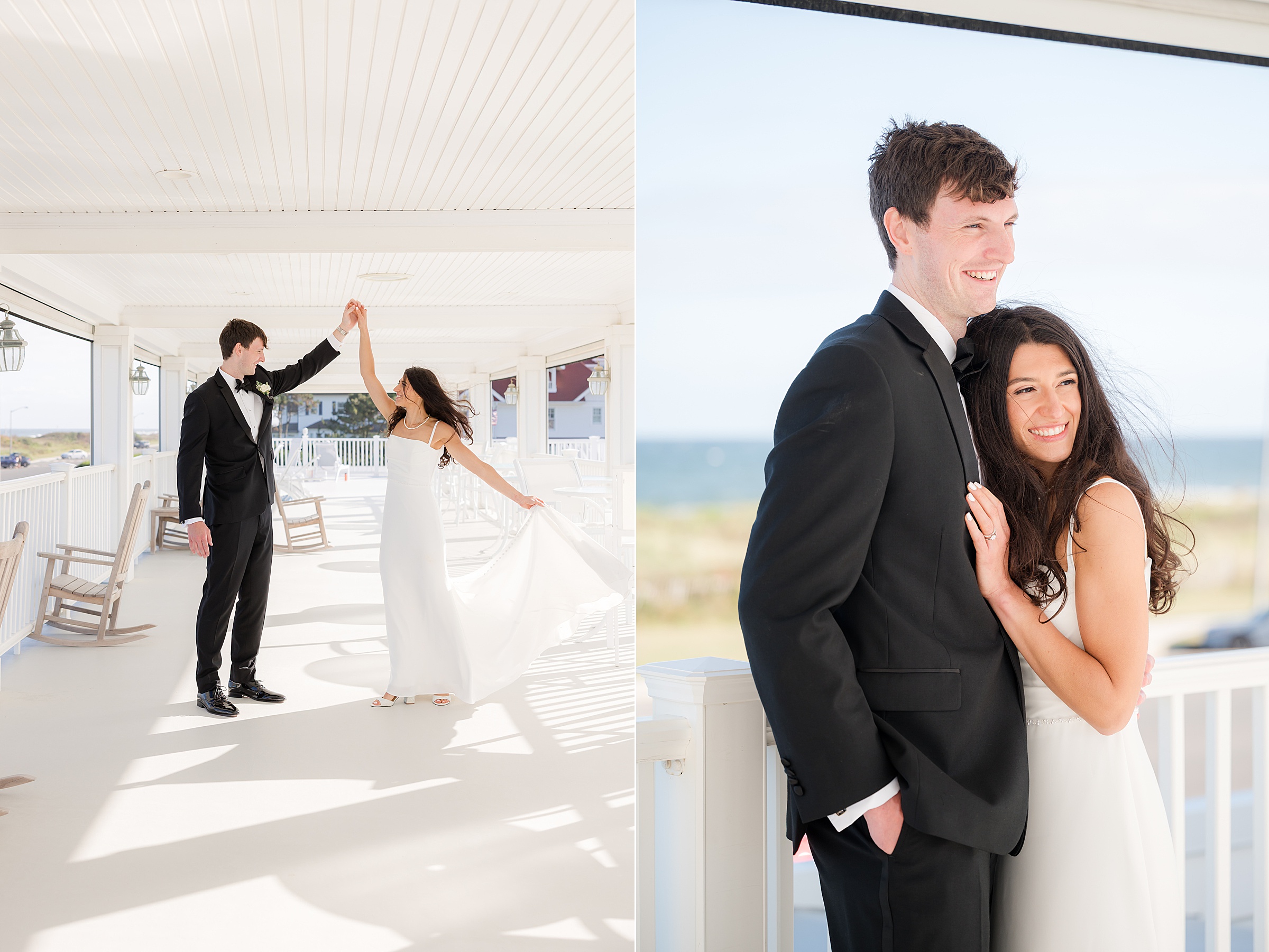 Bride and groom dances together on a sunlit veranda, her dress flowing as they share a lighthearted, intimate moment.