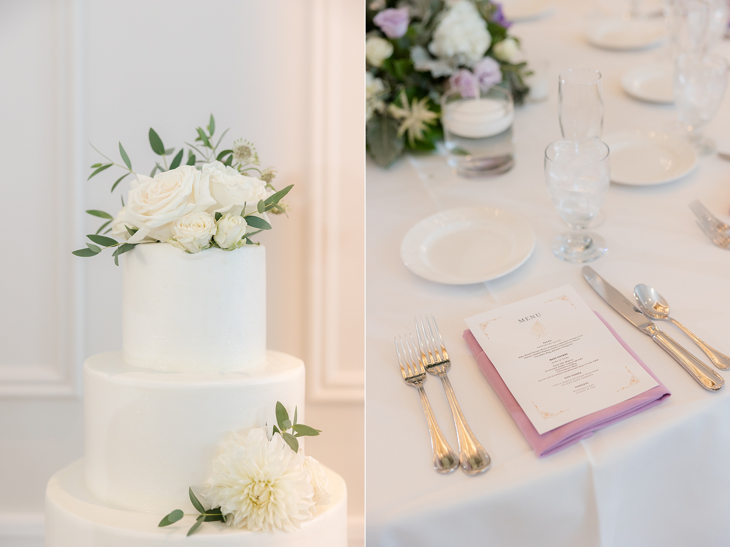 Elegant place settings rest delicately on a table, with soft pink accents and engraved cake knives hinting at the celebration of love.