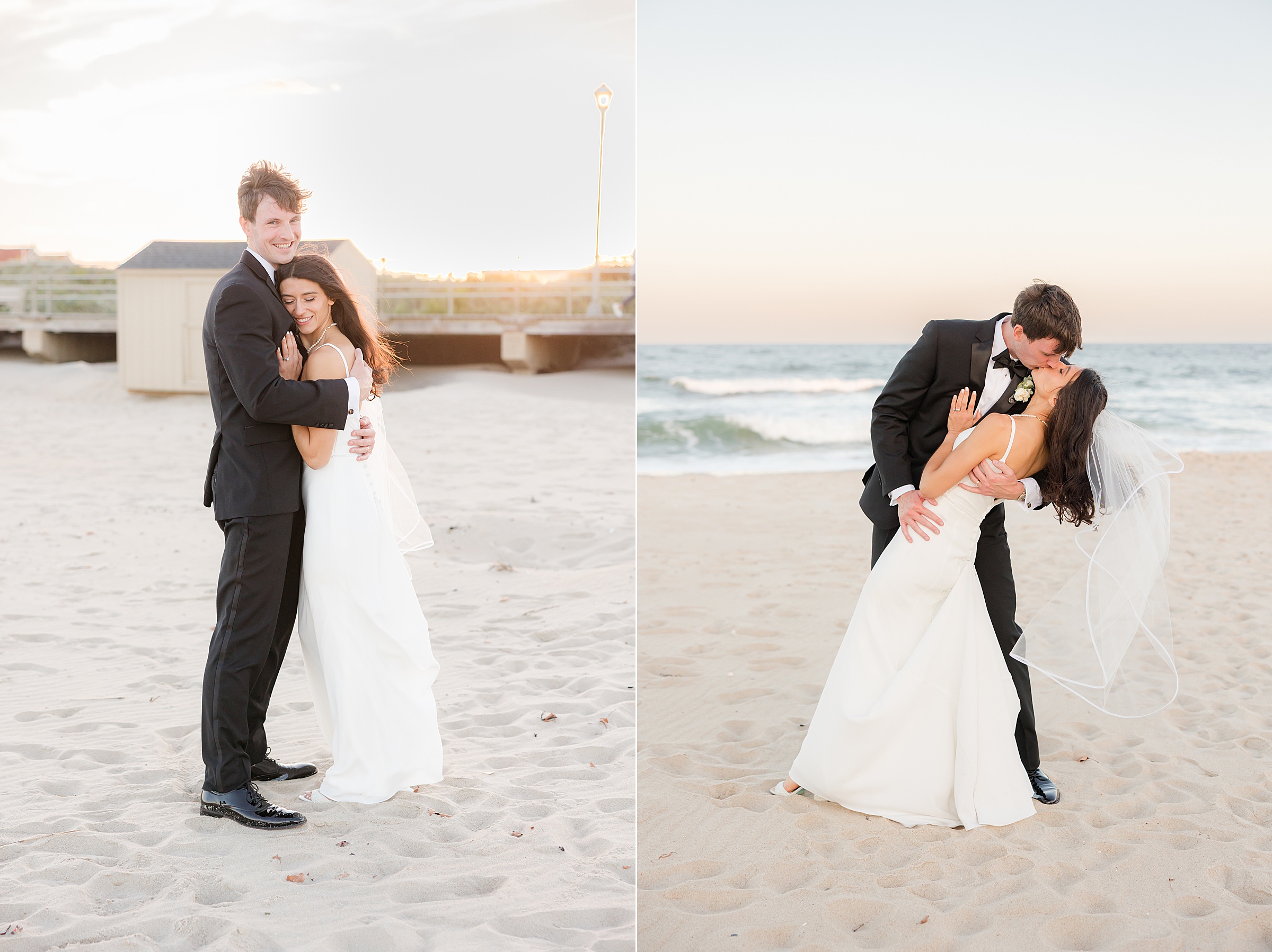 Groom dips his bride into a kiss on the sandy shore, her veil drifting in the ocean breeze as waves crash nearby.