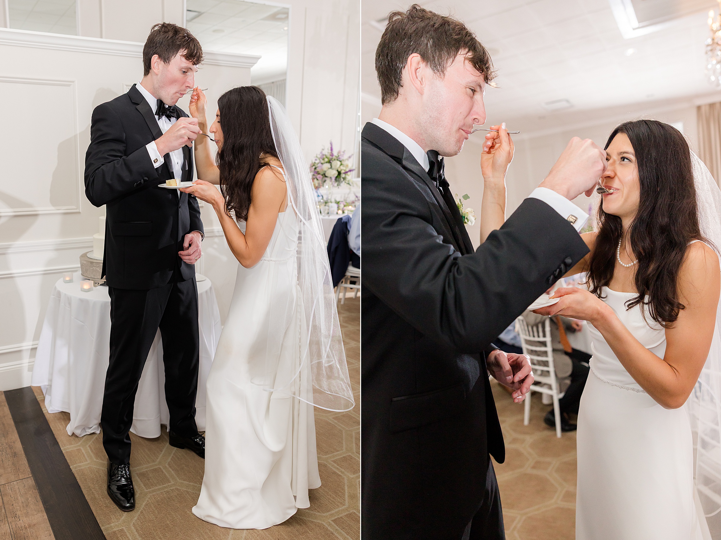 Bride and groom feed each other cake, smiling and laughing as they share a sweet moment during their wedding reception.