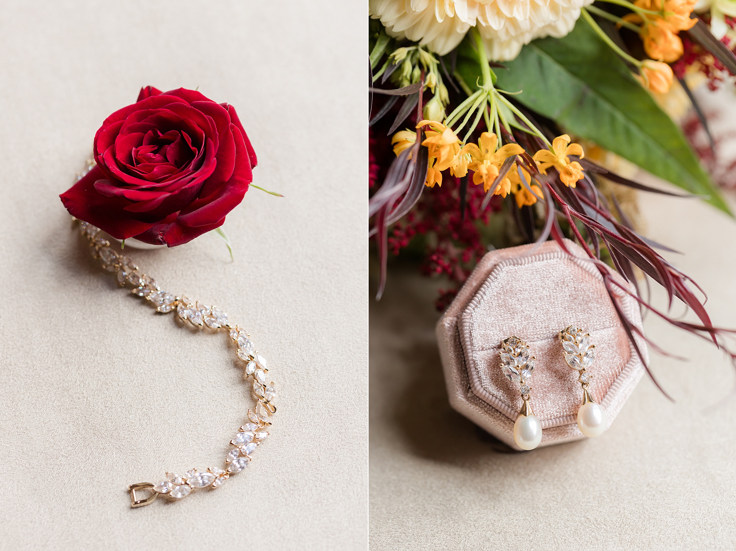 Gold bracelet and pearl earrings styled with a red rose and floral arrangement.