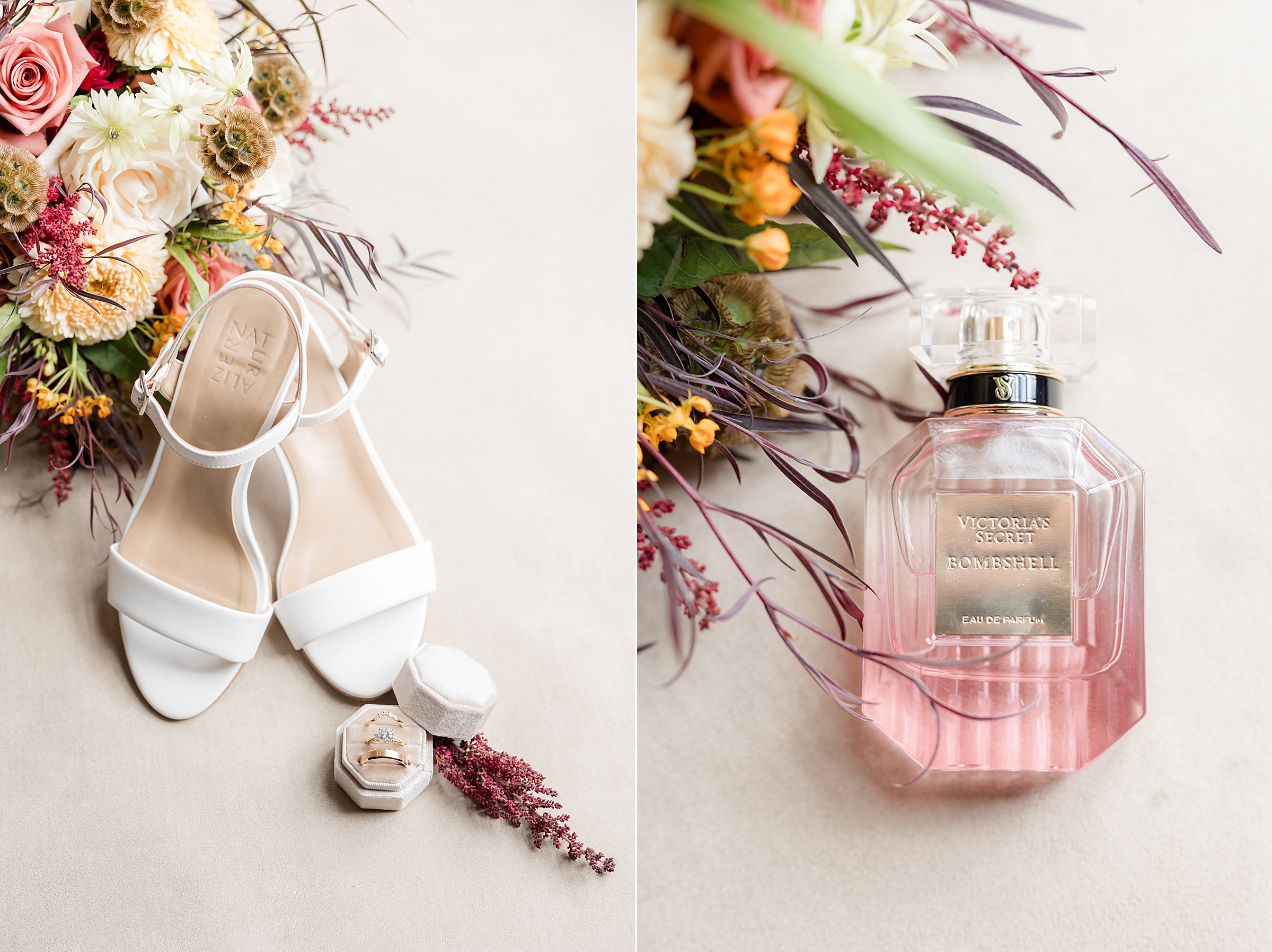 Bridal heels, rings, and perfume styled with soft, romantic florals.