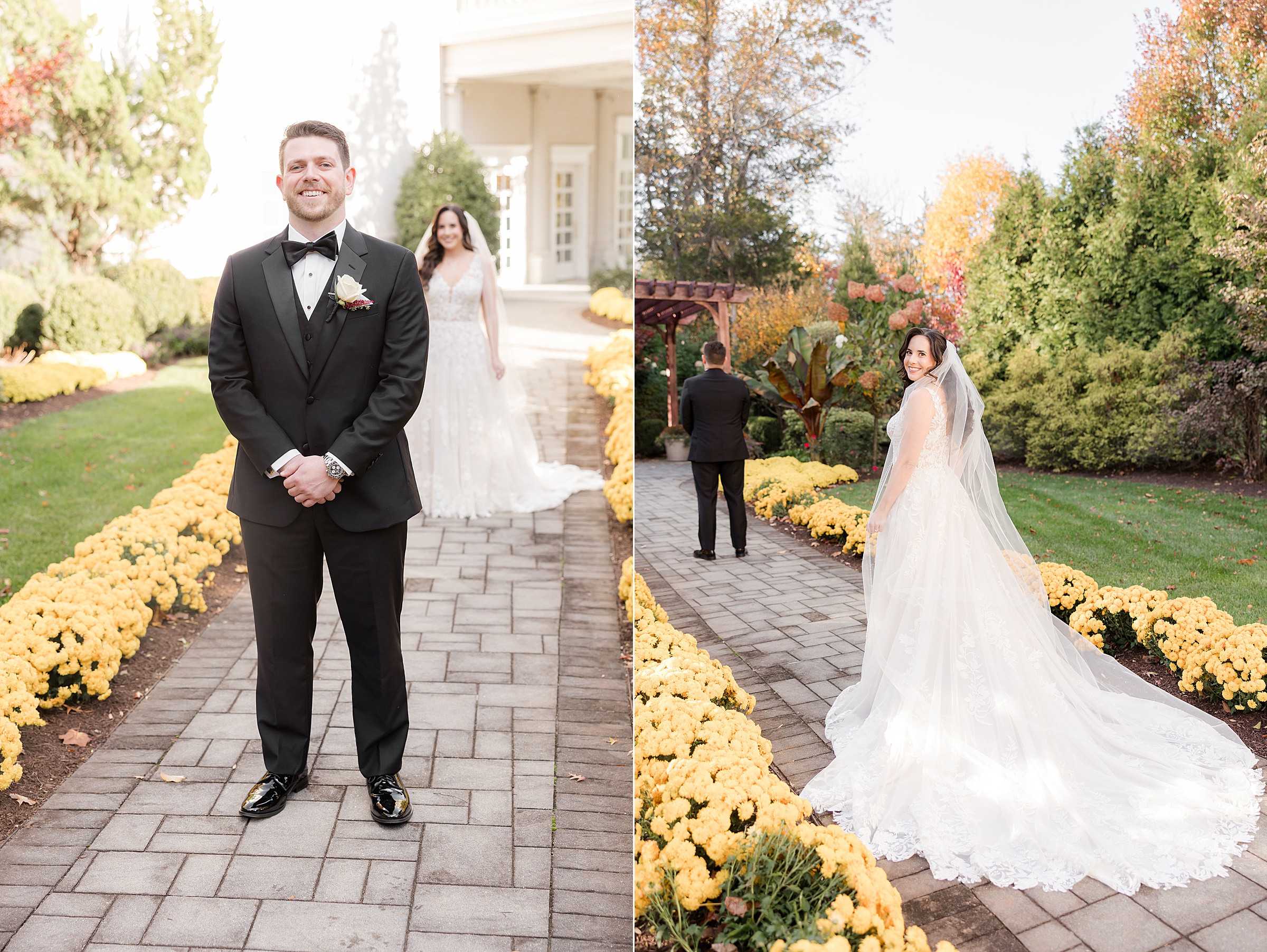 Bride approaching the groom for a first look, then smiling back as he waits along a garden path.