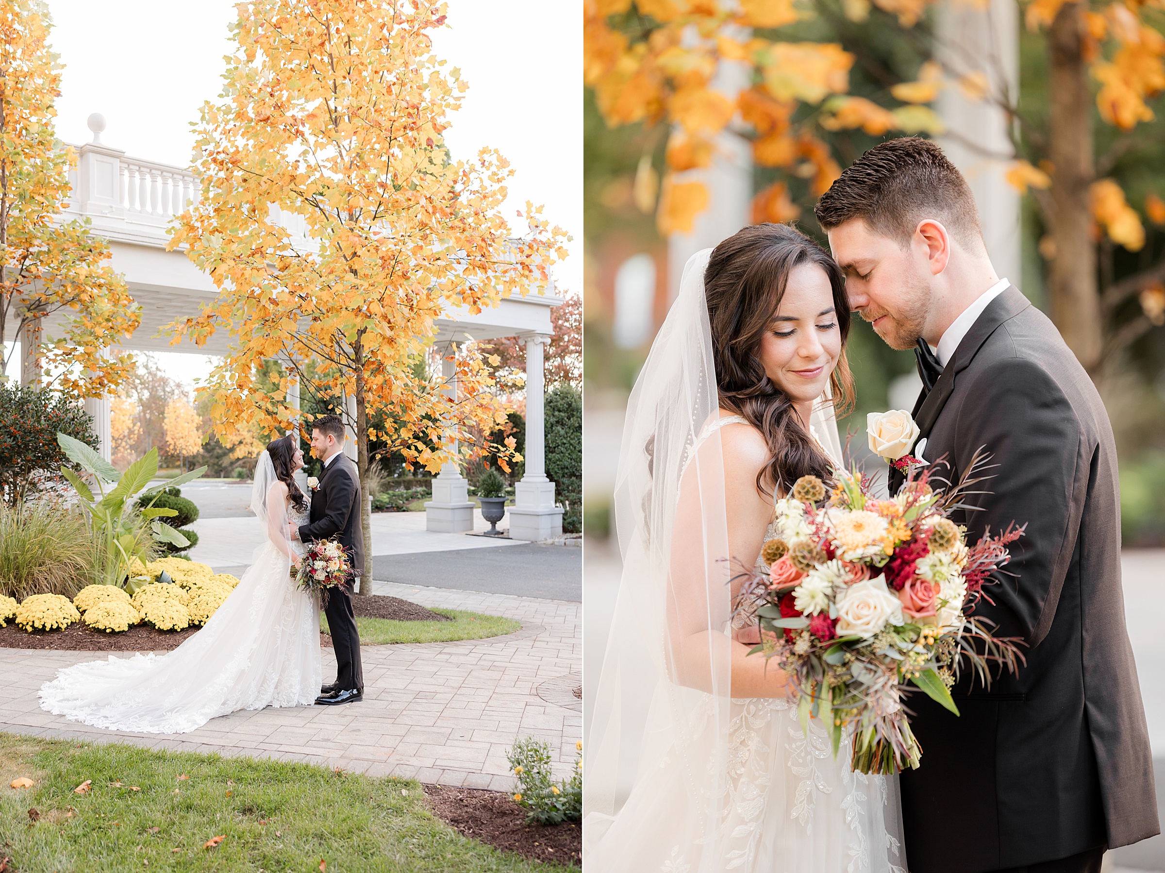 Under golden autumn leaves, the bride and groom shares a tender embrace, lost in a quiet, romantic moment together