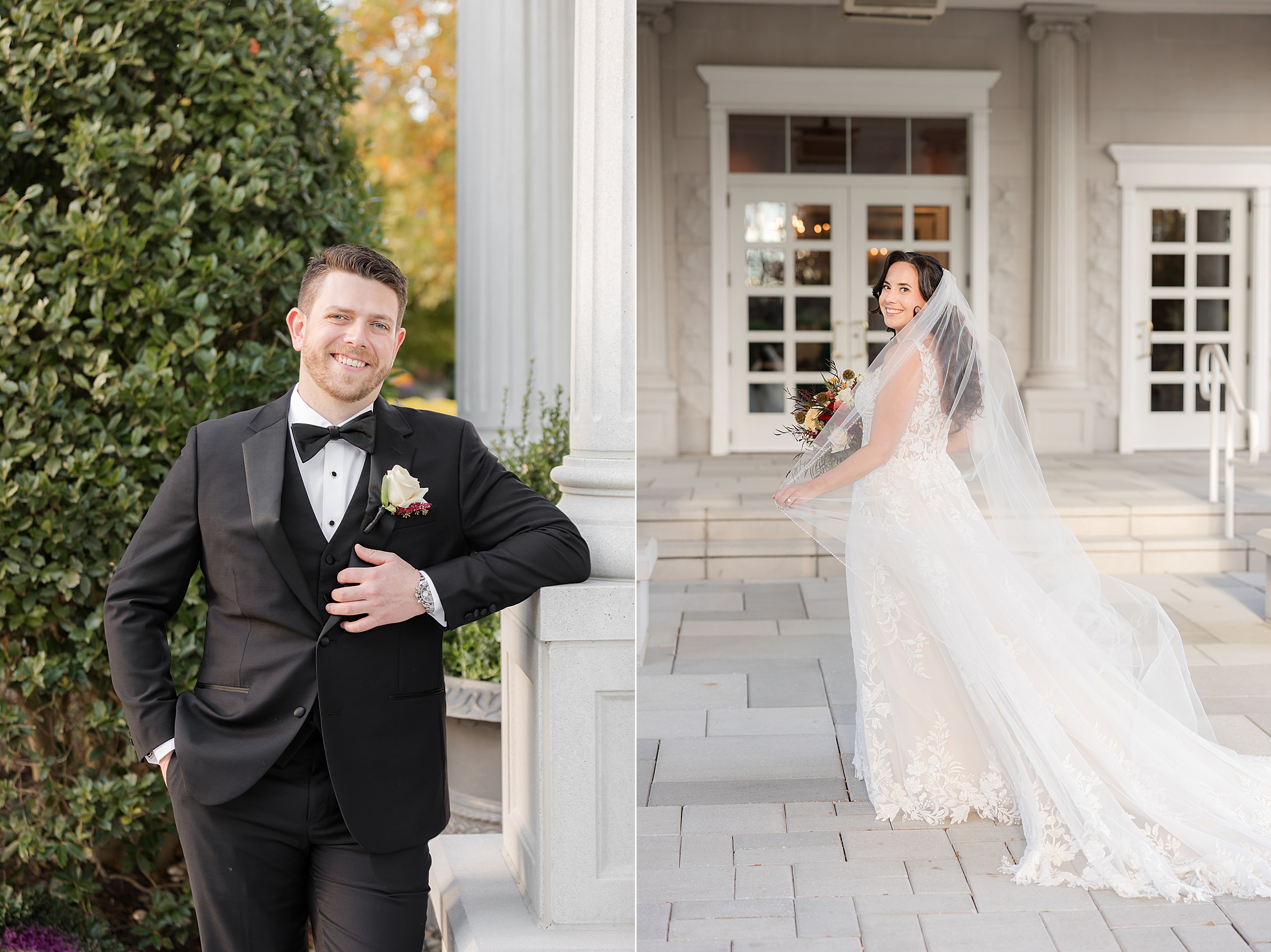 Groom smiling confidently in his tux while the bride walks away in the background, her veil trailing behind her.