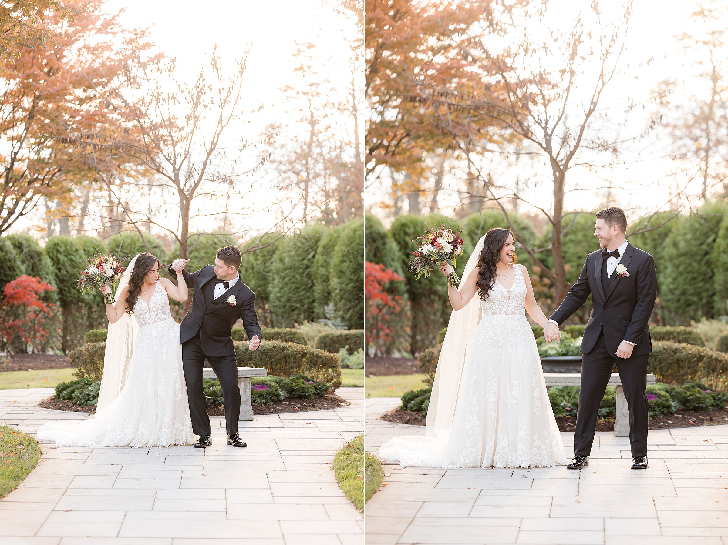 Playful moment as the groom spins his bride while she lifts her bouquet, both laughing in a garden filled with fall colors