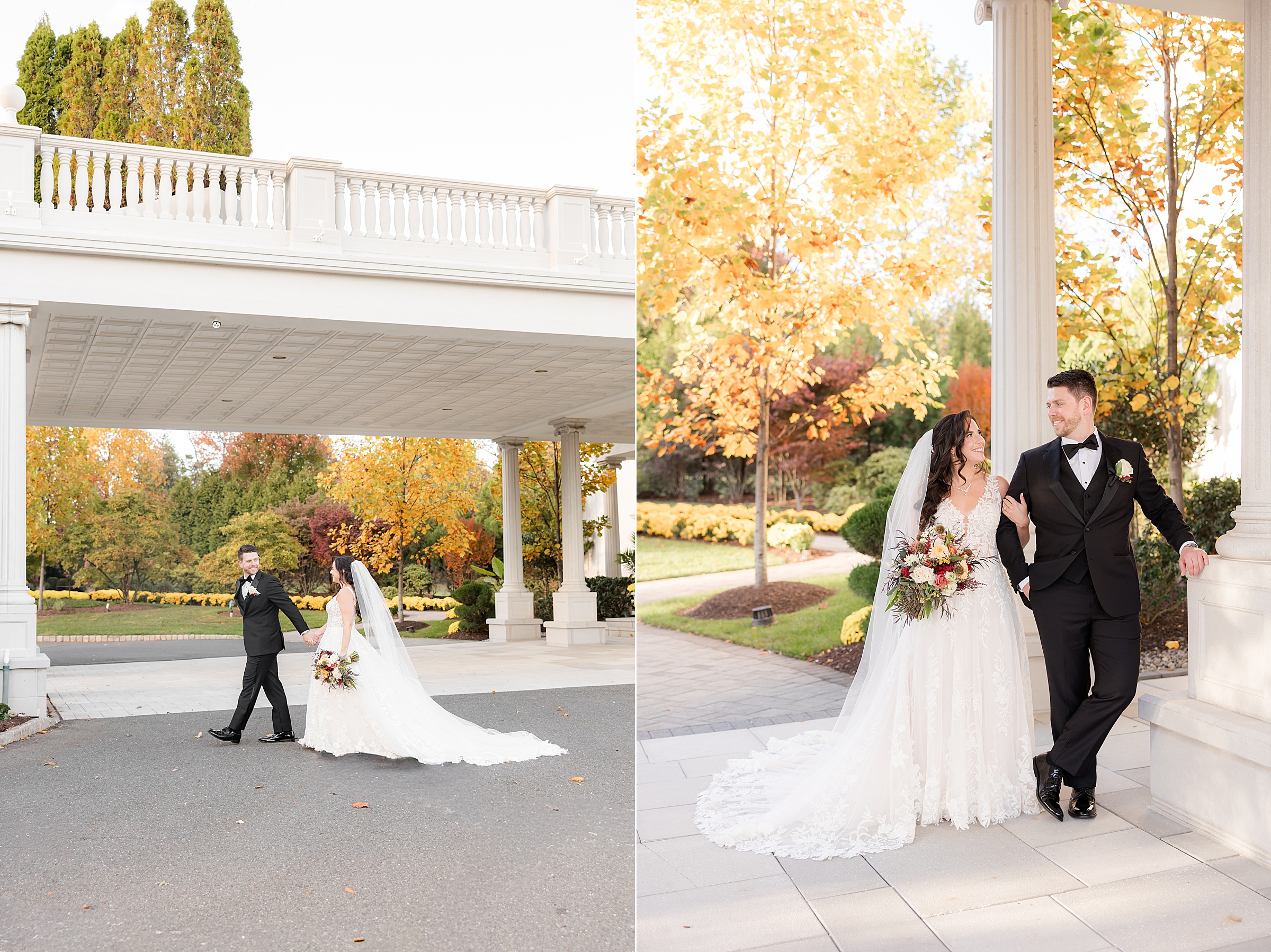 Bride and groom walking together beneath grand columns, smiling at each other as they soak in a romantic autumn moment together.”
