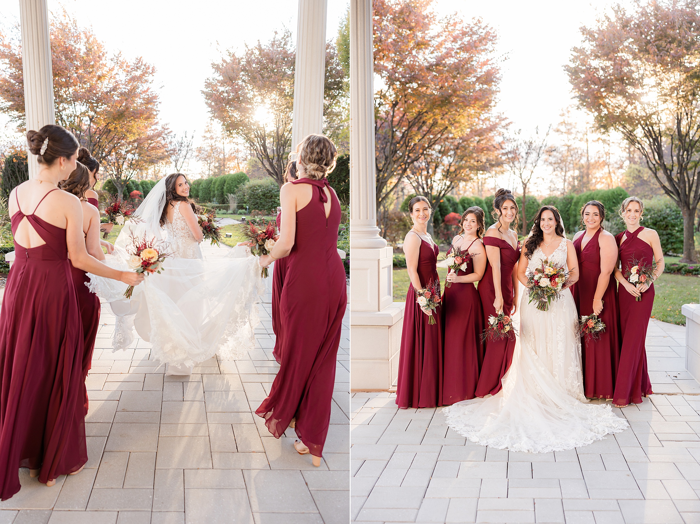 Bridesmaids gently lift the bride’s gown as she twirls, creating a dreamy, light filled moment of elegance and joy