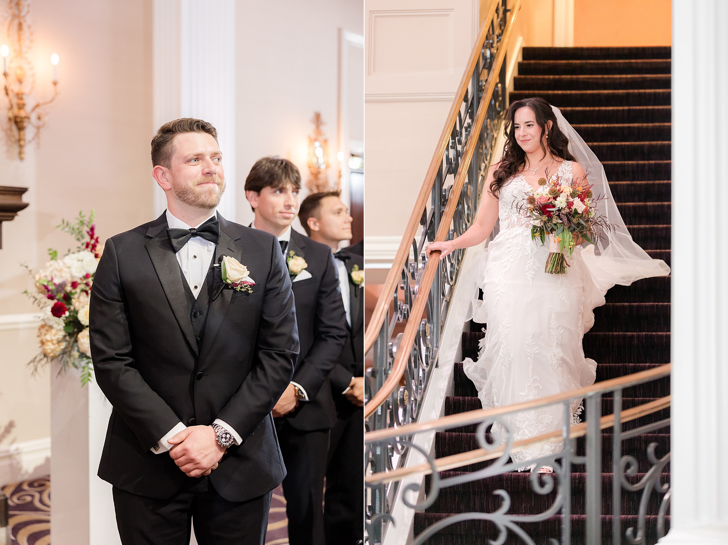 Groom waits with groomsmen as the bride descends the staircase holding her bouquet.
