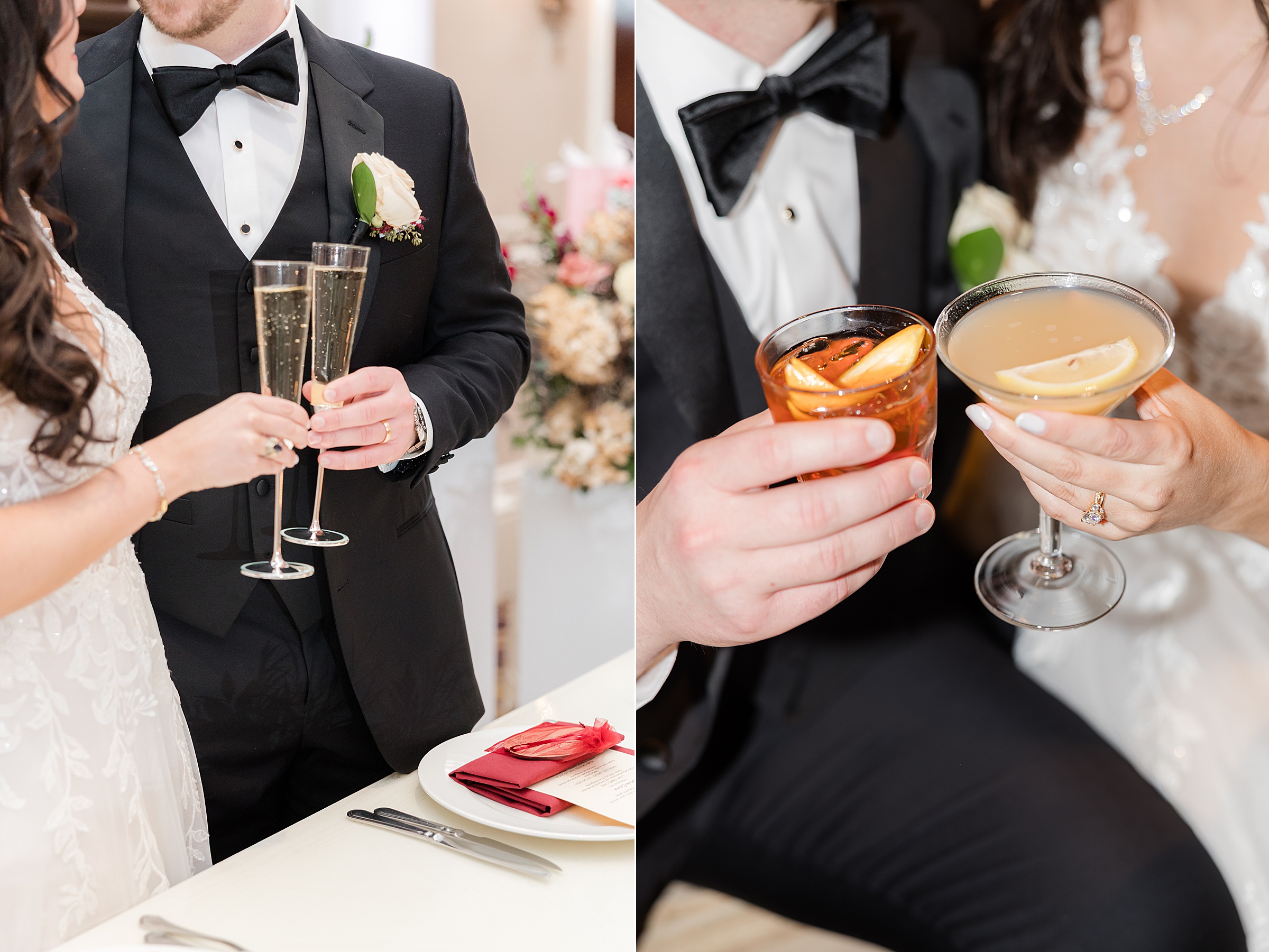 Groom in elegant wedding attire, clinking champagne and cocktails, highlighting their hands, rings, and a romantic celebratory moment
