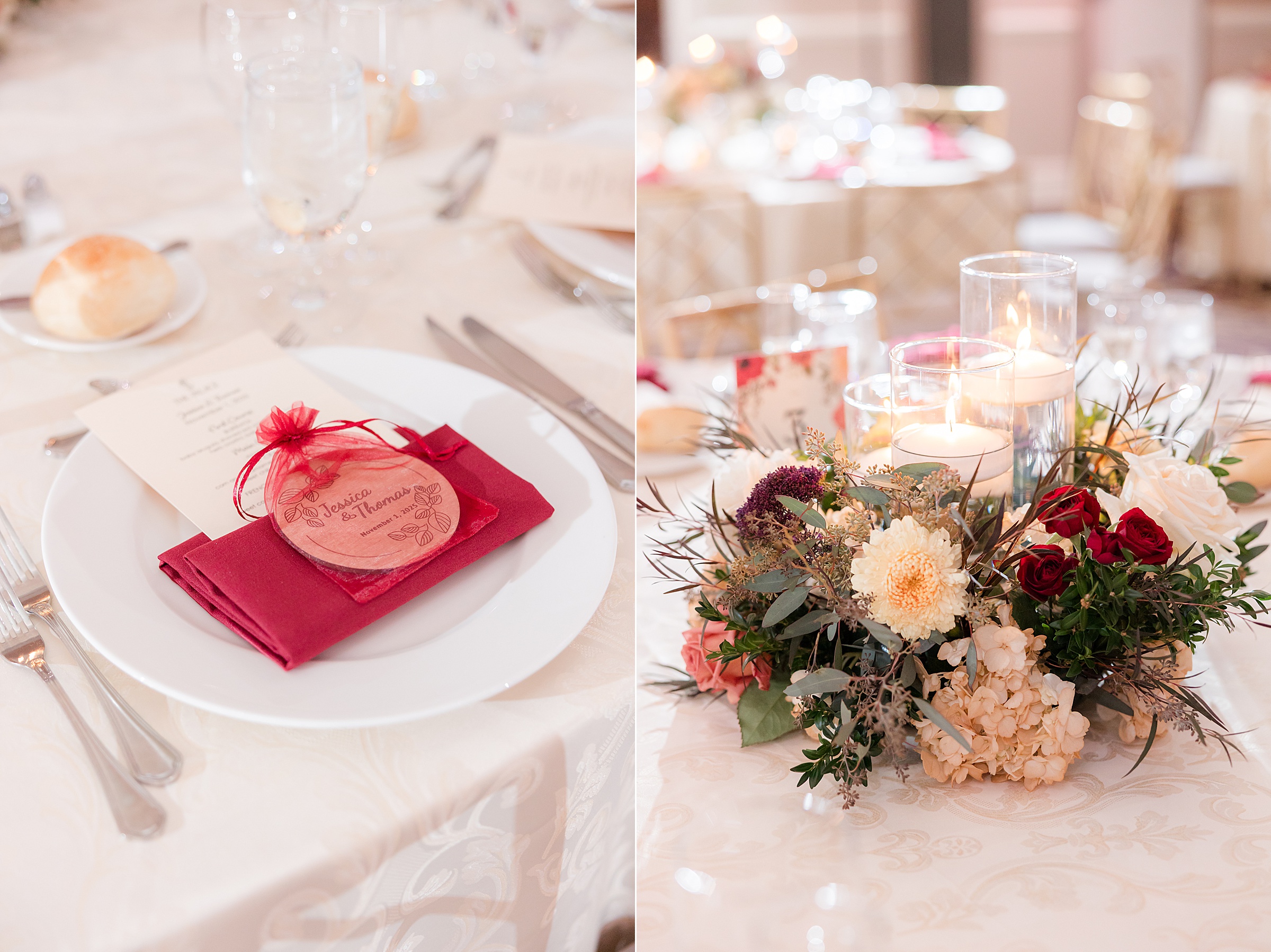 Romantic place setting with a soft red napkin and personalized detail, thoughtfully arranged for each guest