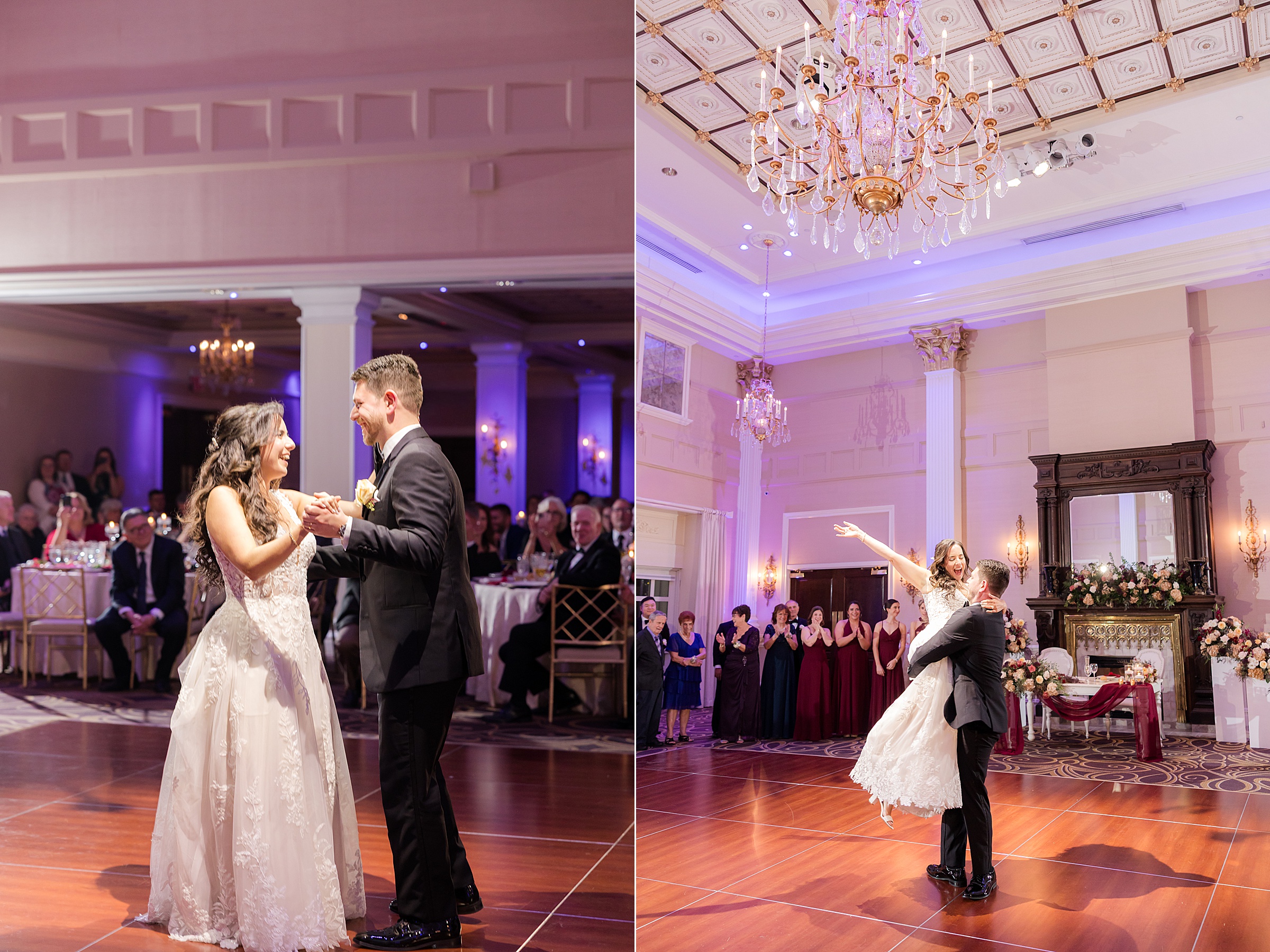 Bride and groom share their first dance in a grand ballroom, surrounded by loved ones as warm light and chandeliers glow above them