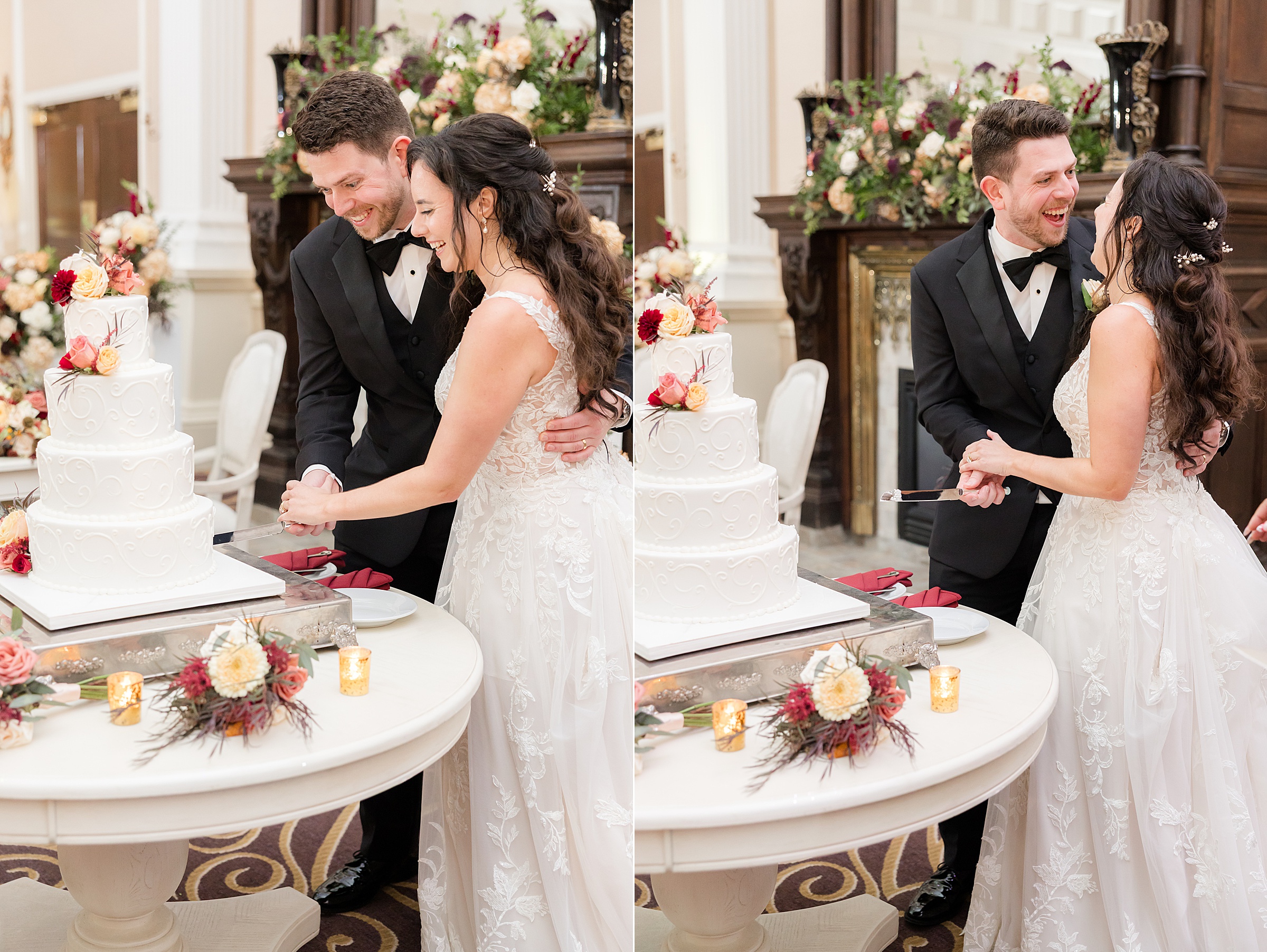 Bride and groom laugh together as they cut their wedding cake, wrapped in a joyful, playful moment of celebration