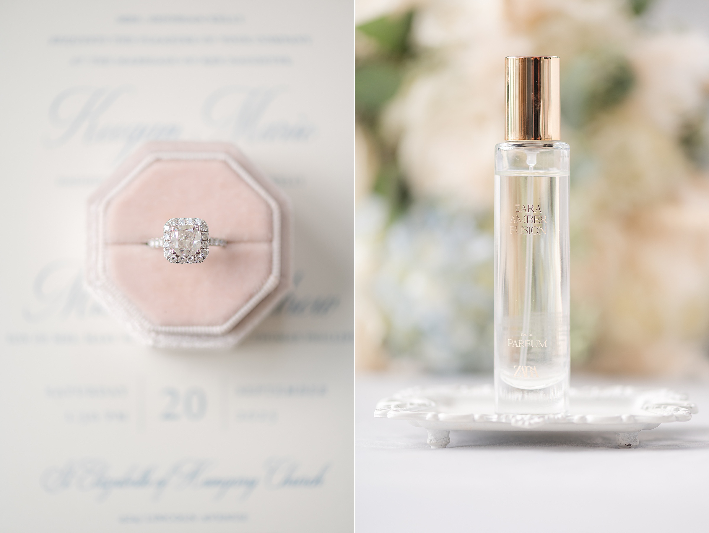 Delicate engagement ring resting in a velvet box beside a soft floral backdrop, paired with an elegant perfume bottle