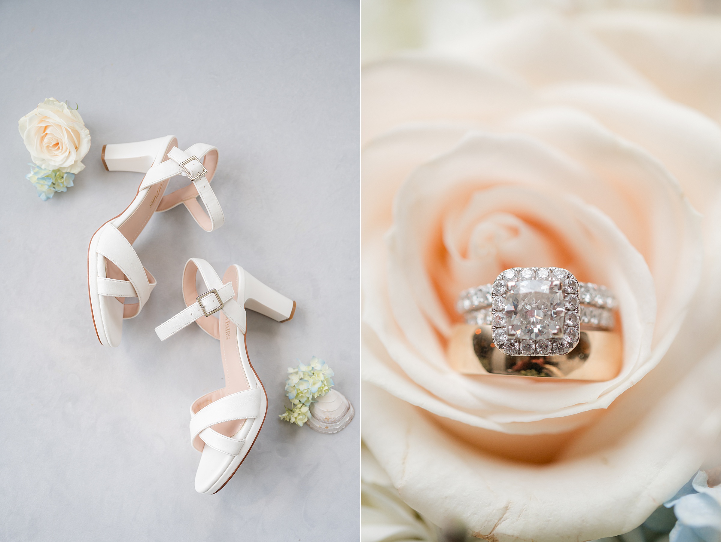 Elegant white bridal heels paired with soft florals alongside a sparkling engagement ring nestled within a blush rose, creating a romantic and timeless wedding detail.