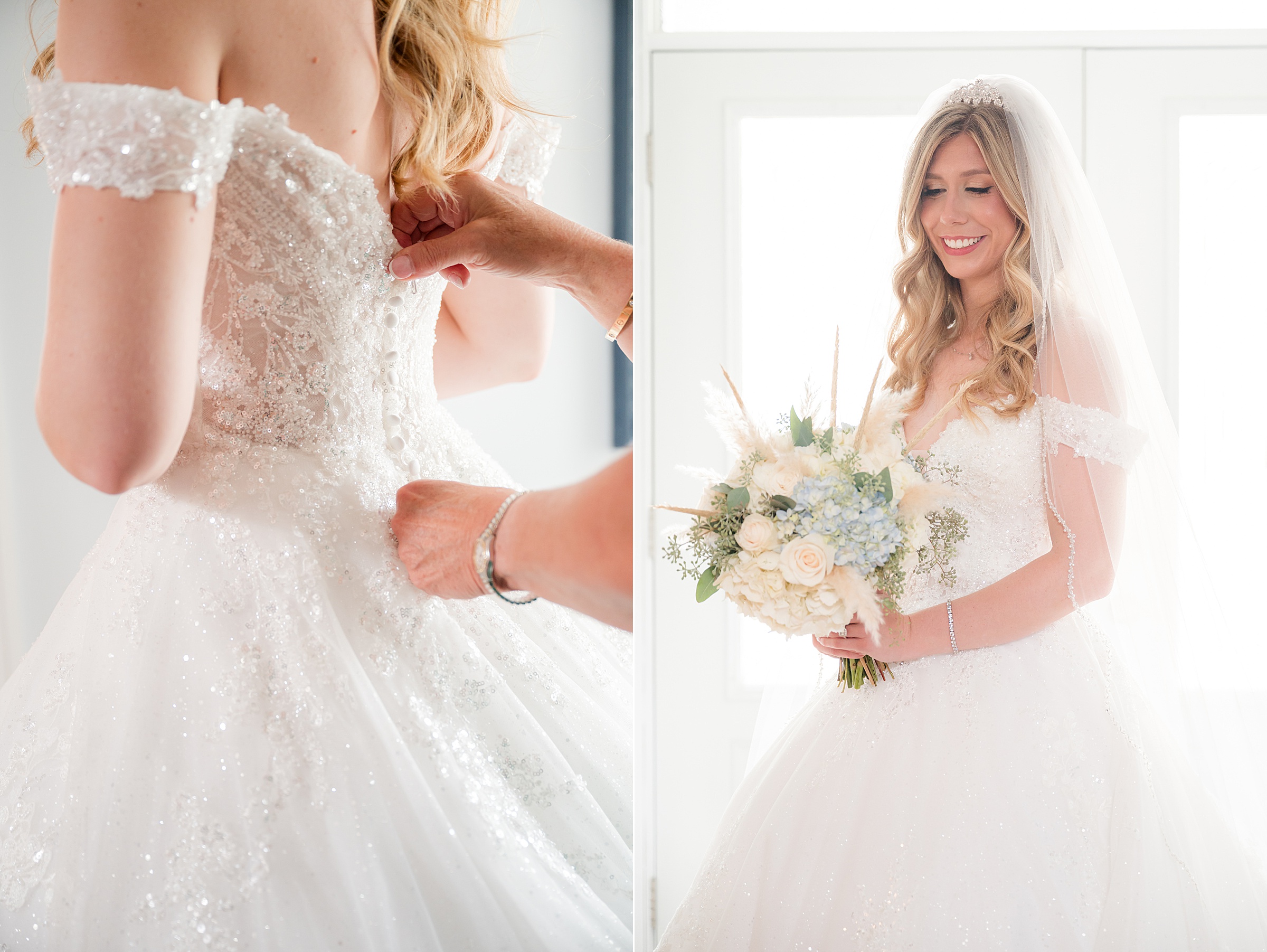Bride’s gown being delicately fastened, paired with a radiant portrait of the bride holding her bouquet in soft, romantic light.