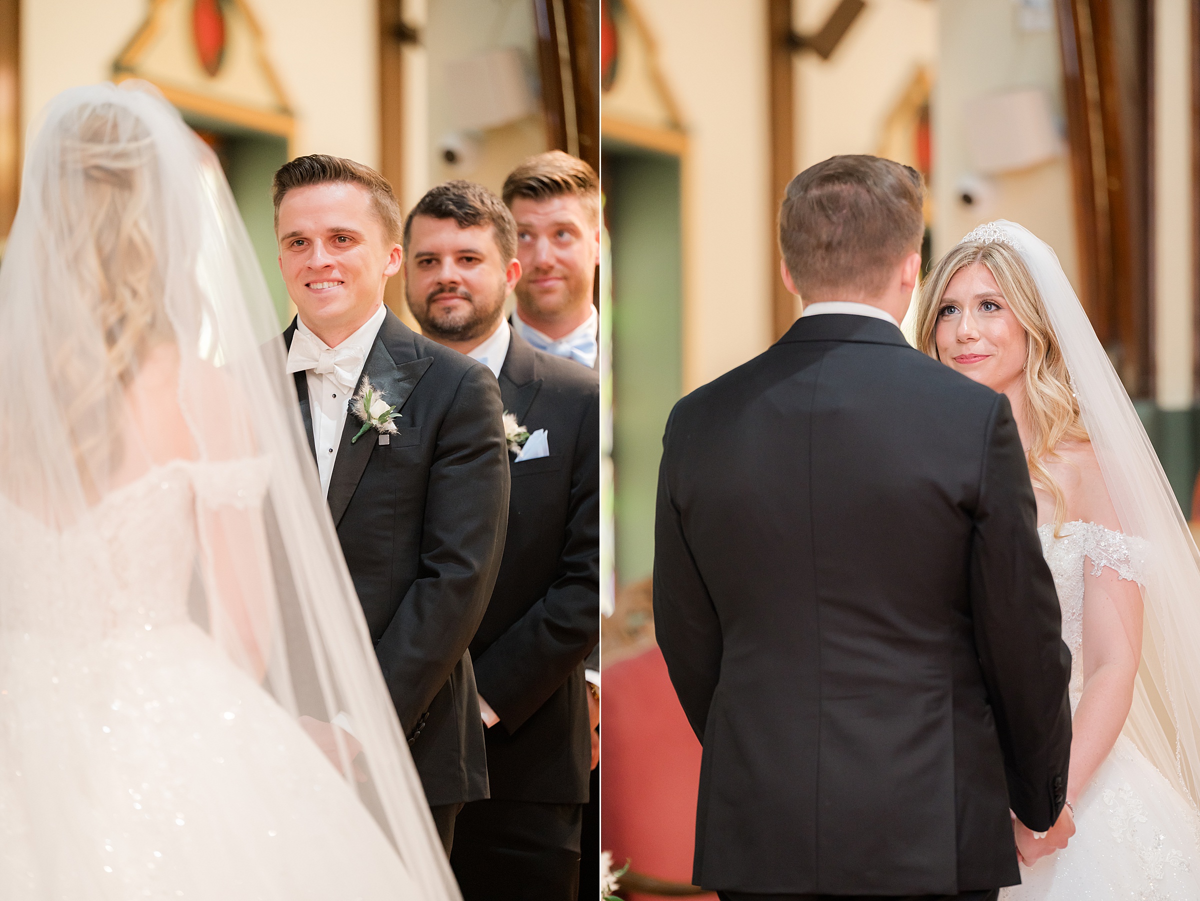 Groom reacting emotionally during a first look and bride smiling at him.
