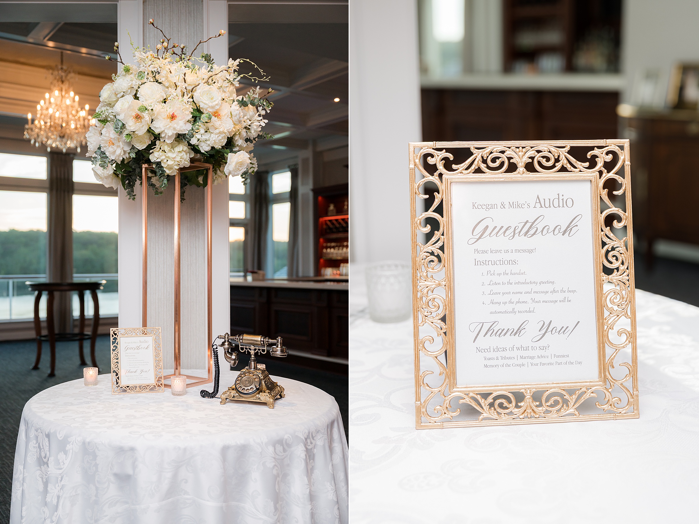 Intimate guestbook table adorned with romantic florals, flickering candles, and a vintage telephone for heartfelt messages.