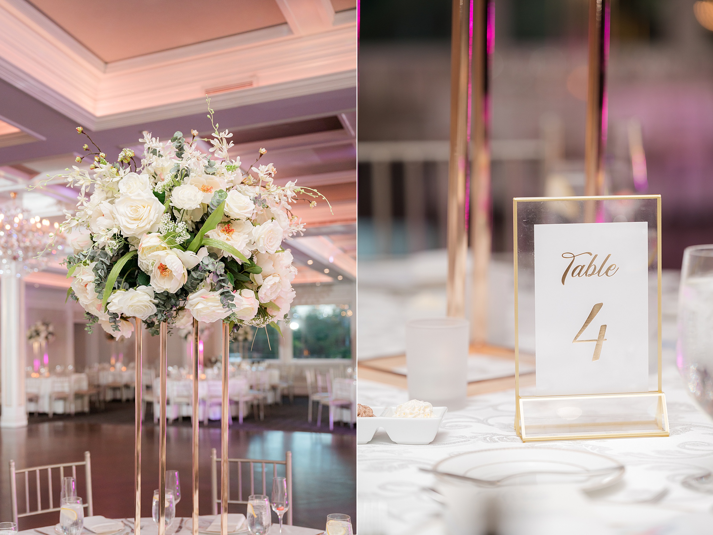 Elegant table card in a gold frame, set among delicate glassware and candlelight at a romantic reception table.