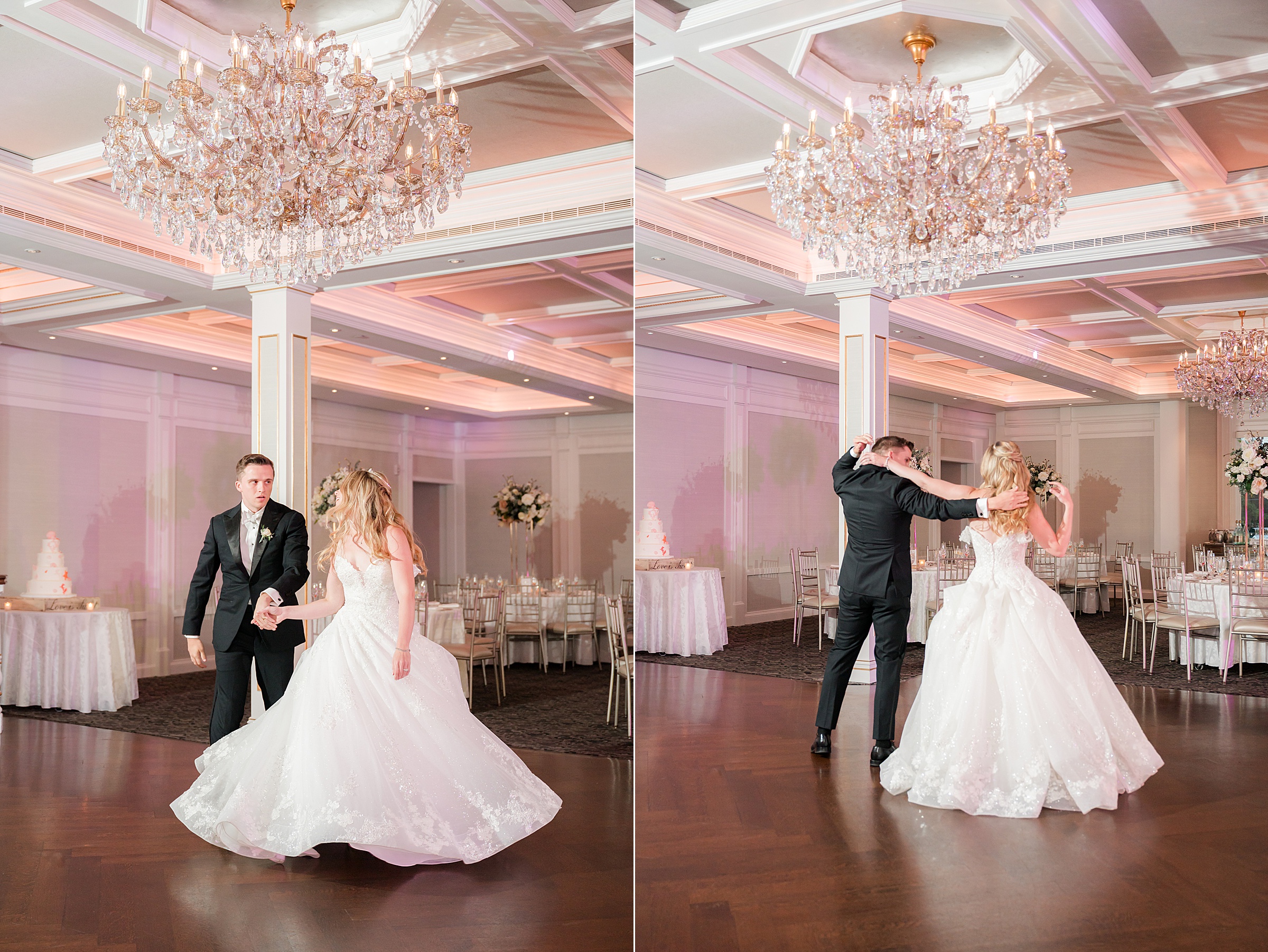 Bride and groom dancing and turning together under warm, elegant lighting.