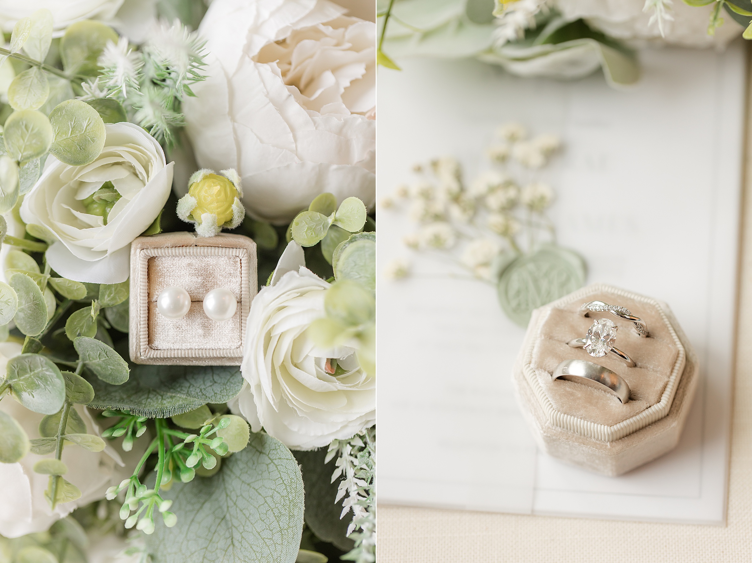 Pearl stud earrings in a box nestled among white flowers and greenery on the and a ring set in a velvet box on top of an invitation suite 