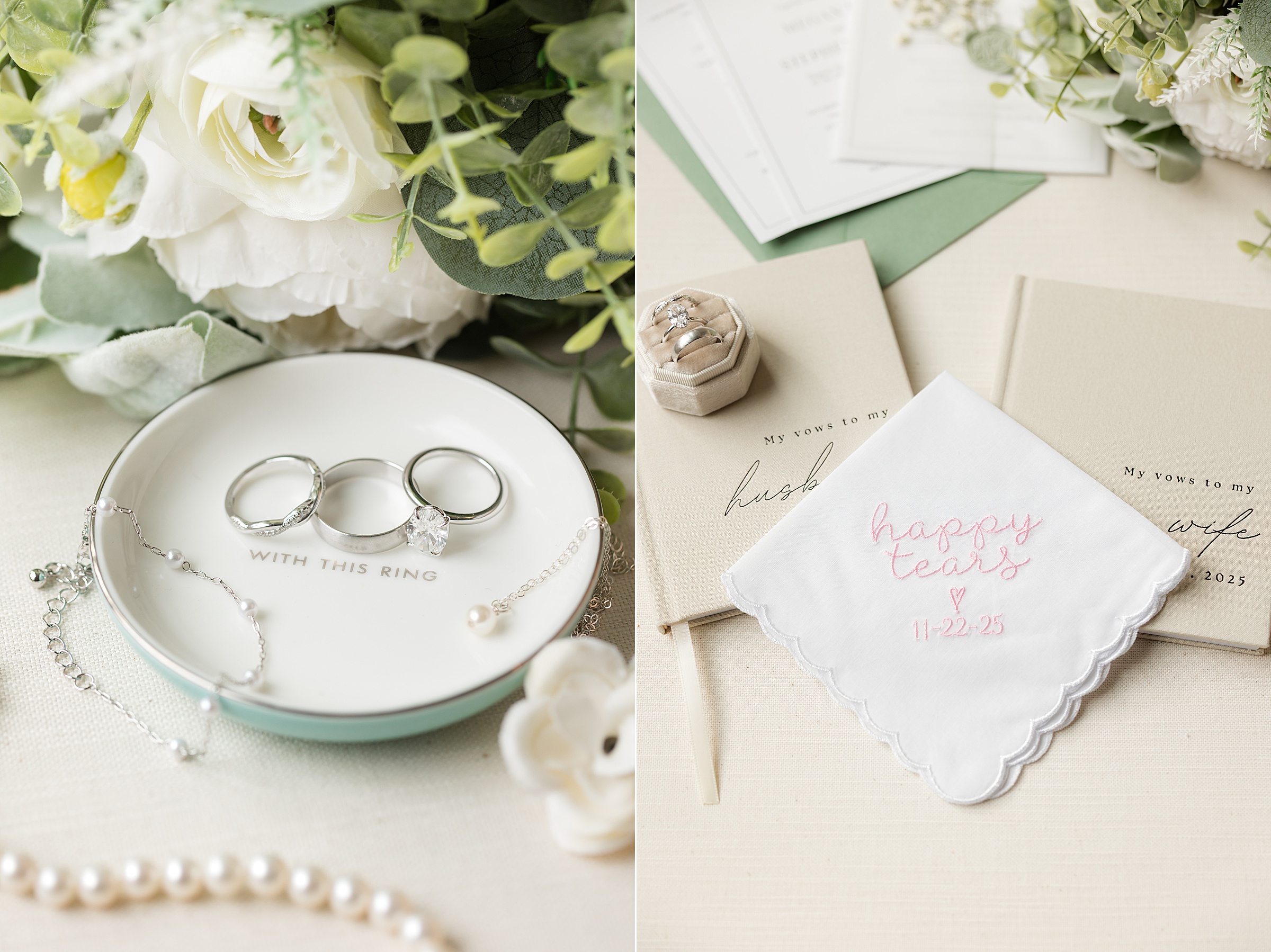 Wedding flat lay featuring rings, vow books, and an embroidered handkerchief arranged on a neutral background.