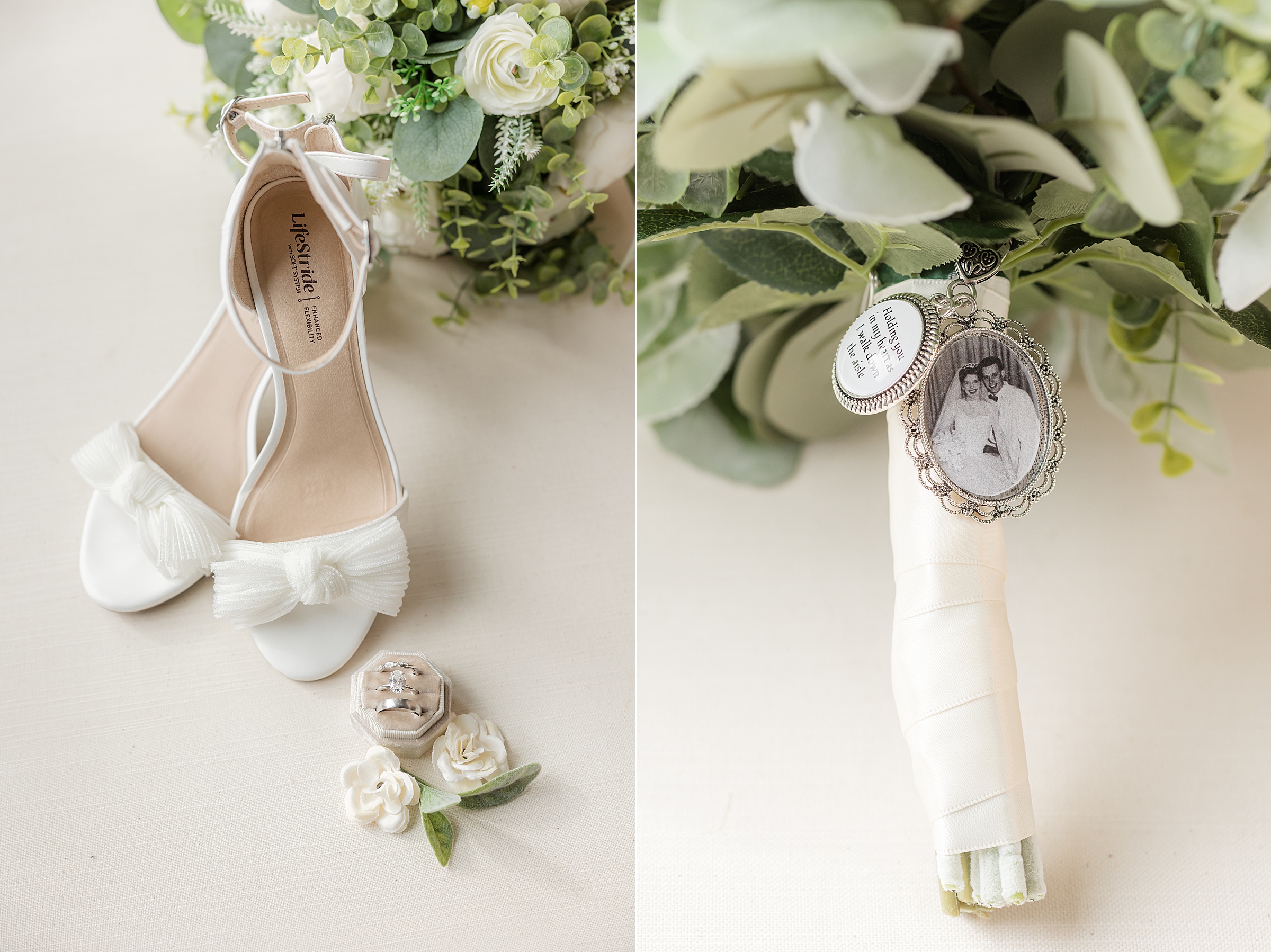 Bridal white shoes, bouquet charm, and heirloom photo attached to bouquet.