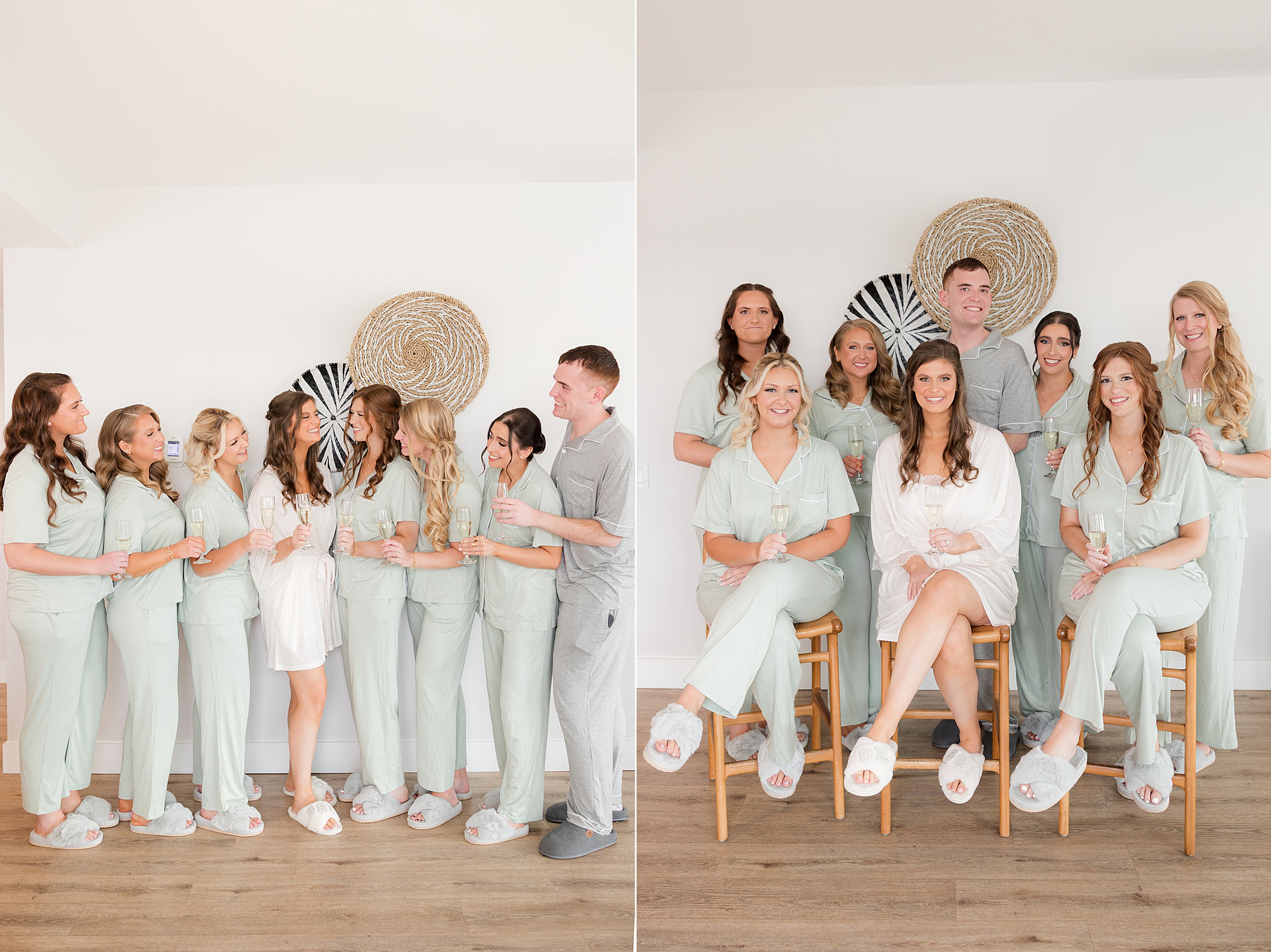 Bridal party in matching sage green pajamas posing together indoors, smiling and gathered around the seated bride.