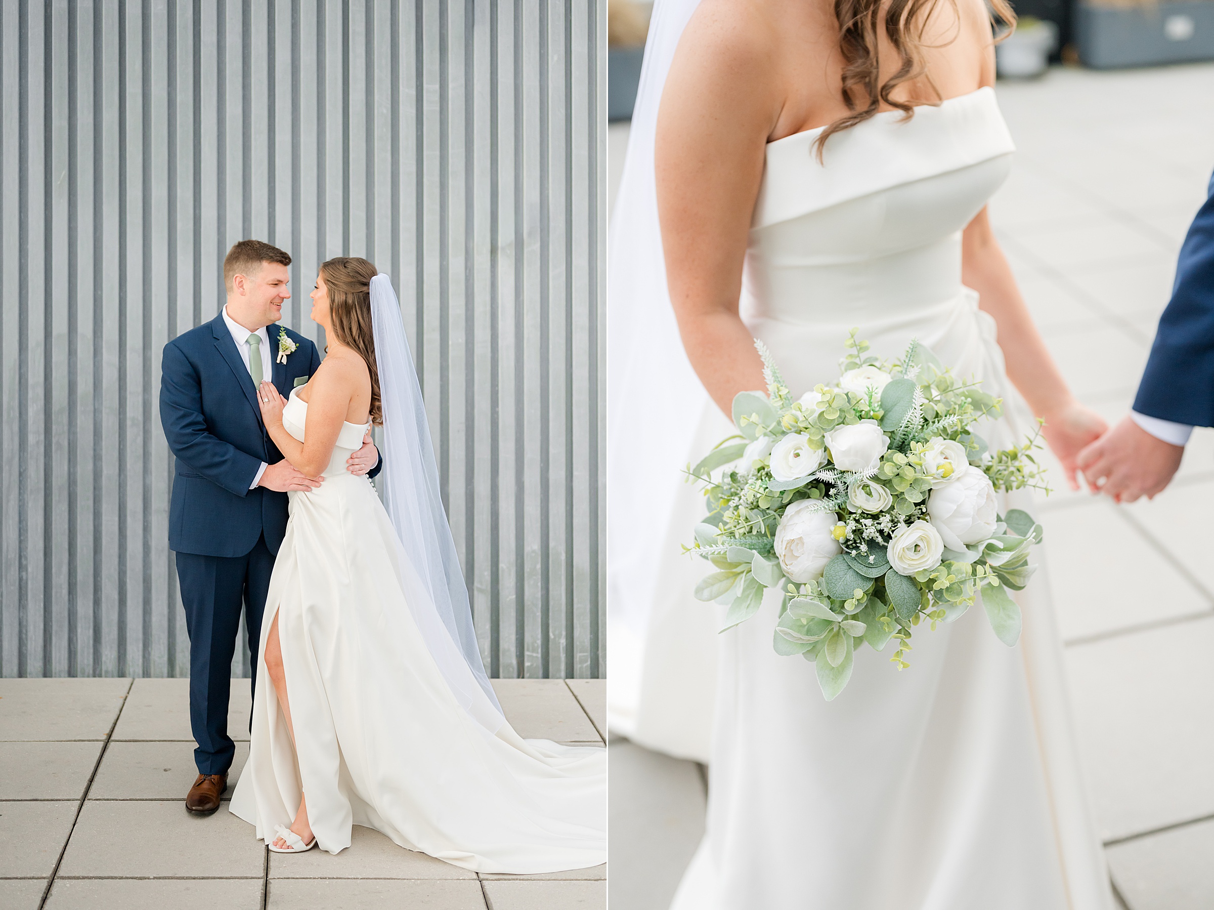 Bride and groom stand close, gazing into each other’s eyes as her dress and veil flow softly, while a delicate bouquet of white blooms and greenery rests in her hand, capturing a quiet, romantic moment.